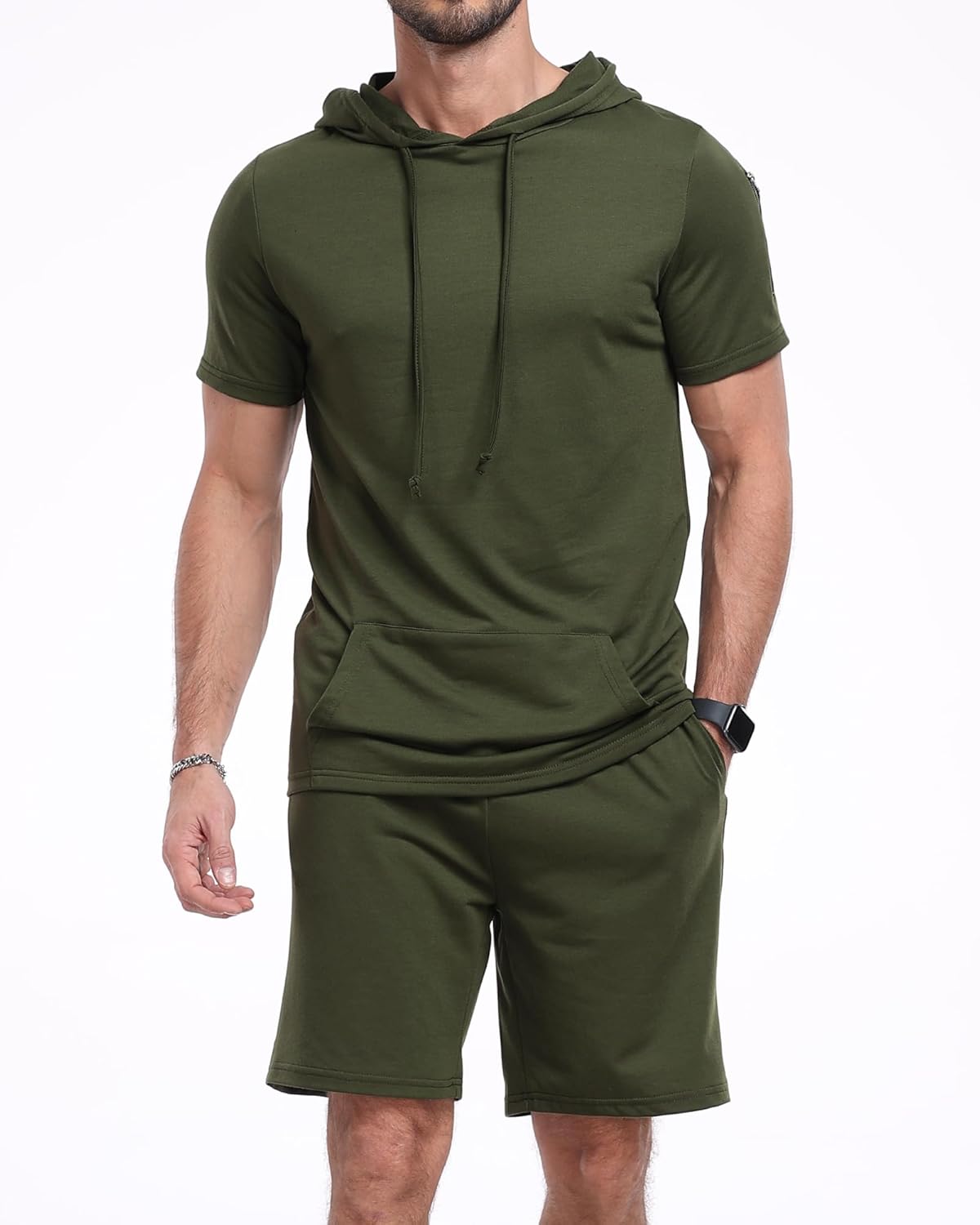 Aiyino Men’s Tracksuit 2 Piece Hooded Athletic Sweatsuit Short Sleeve Casual Sports Hoodie Shorts Set