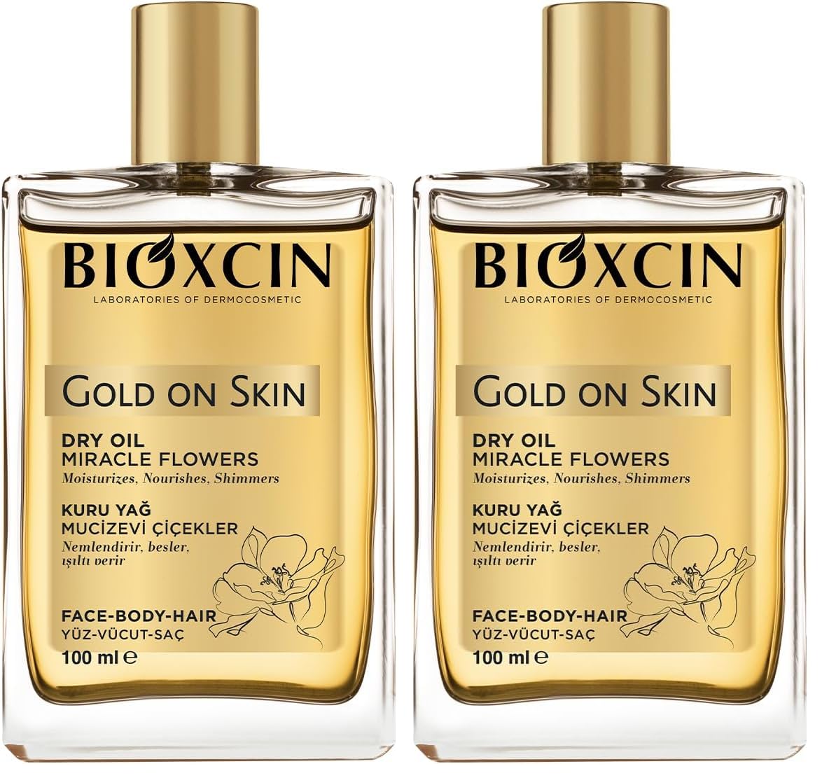 Bioxcin Gold On Skin Kuru Yağ – Yasemin, Manolya, Hanımeli, Kalendula ve Hindistan Cevizi Yağları İçeren Işıltı Veren Nemlendirici – 100 ml – Tüm Cilt Tipleri İçin (2 paketi)
