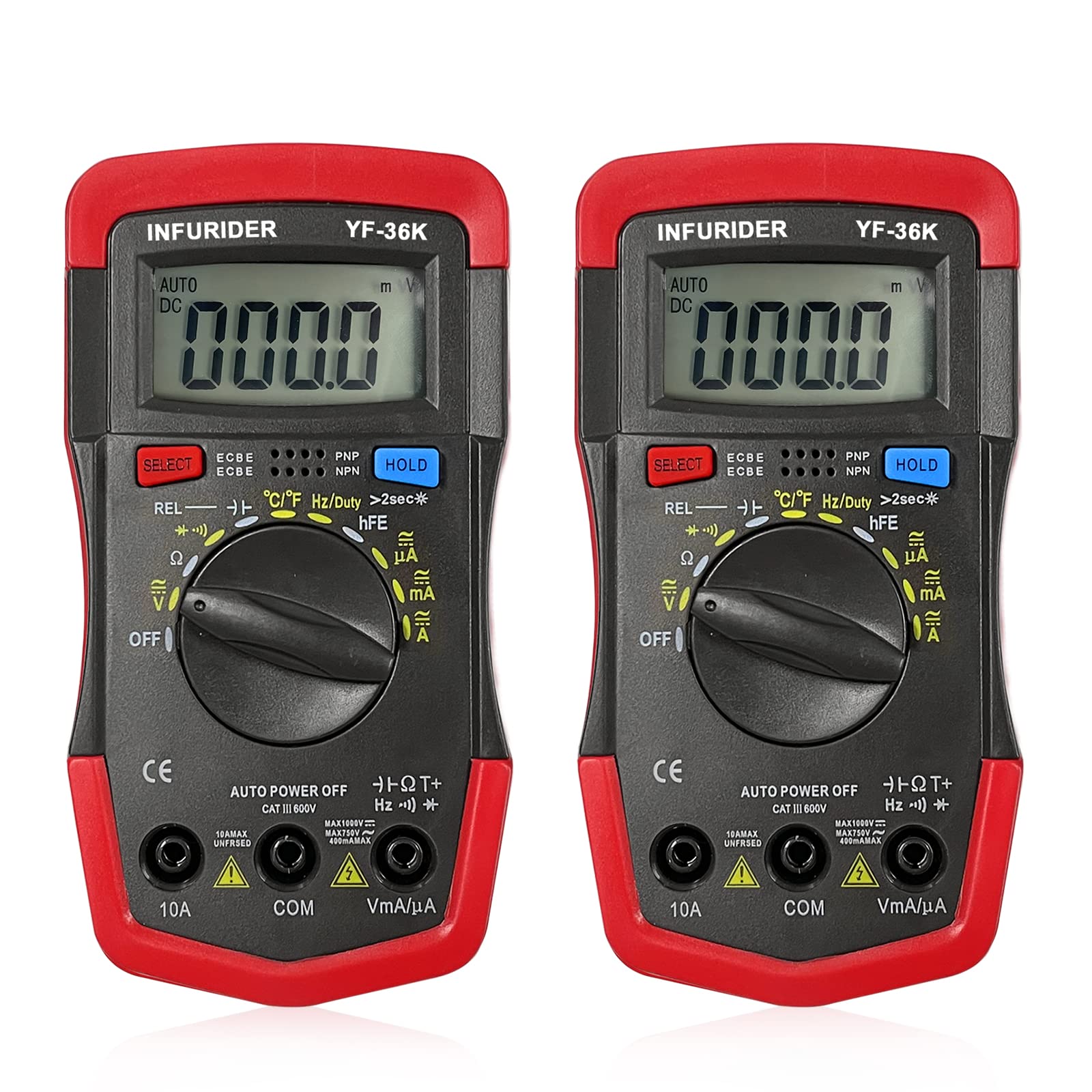 2 Packs Digital Multimeter Electric Tester, INFURIDER YF-36K Auto-Ranging Ammeter Ohmmeter, 4000 Counts Voltage Tester Measures Voltage,Current,Ohm,Cap,Temp and Diode for Electrical DMM