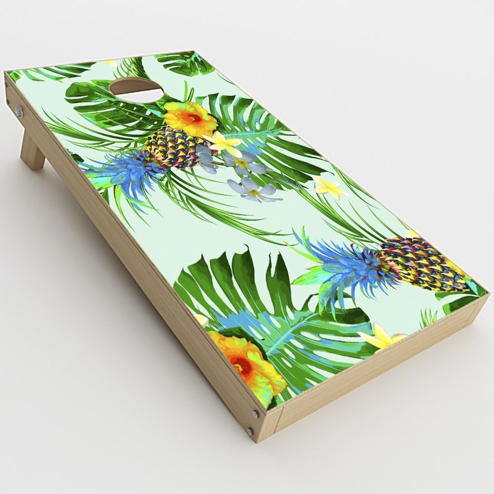 Decal Vinyl Wrap for Cornhole Game Board Bag Toss (2xpcs.) Skins Stickers Cover/Tropical Floral Pattern Pineapple Palm Trees Design