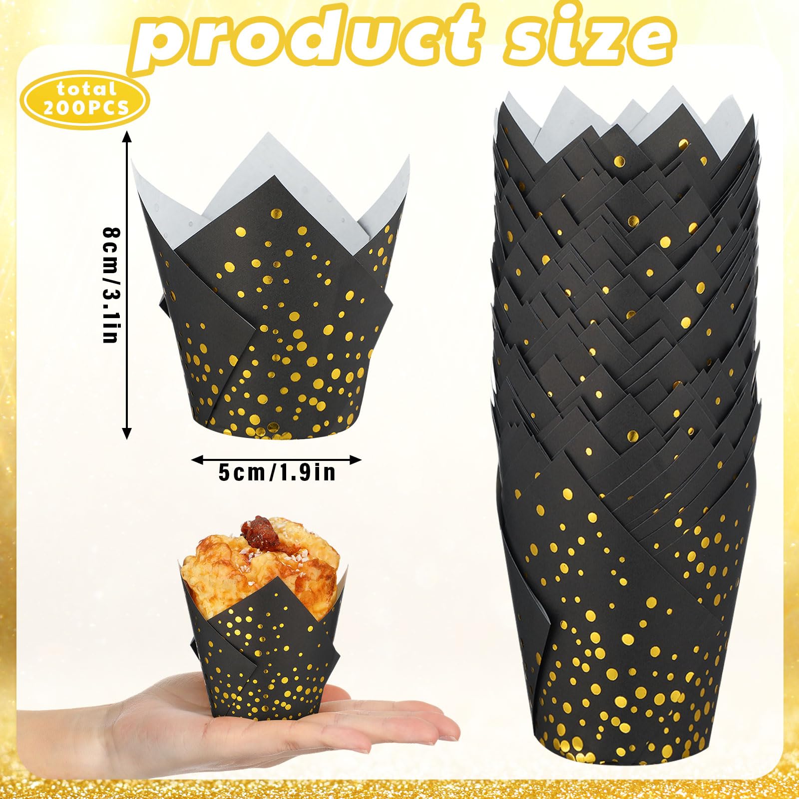 Gerrii 200 moldes de papel para cupcakes de tulipán, envoltorios para cupcakes, fiestas de té, mini bandejas para magdalenas, bodas, fiestas de novia, baby shower, decoración (lunares dorados negros)