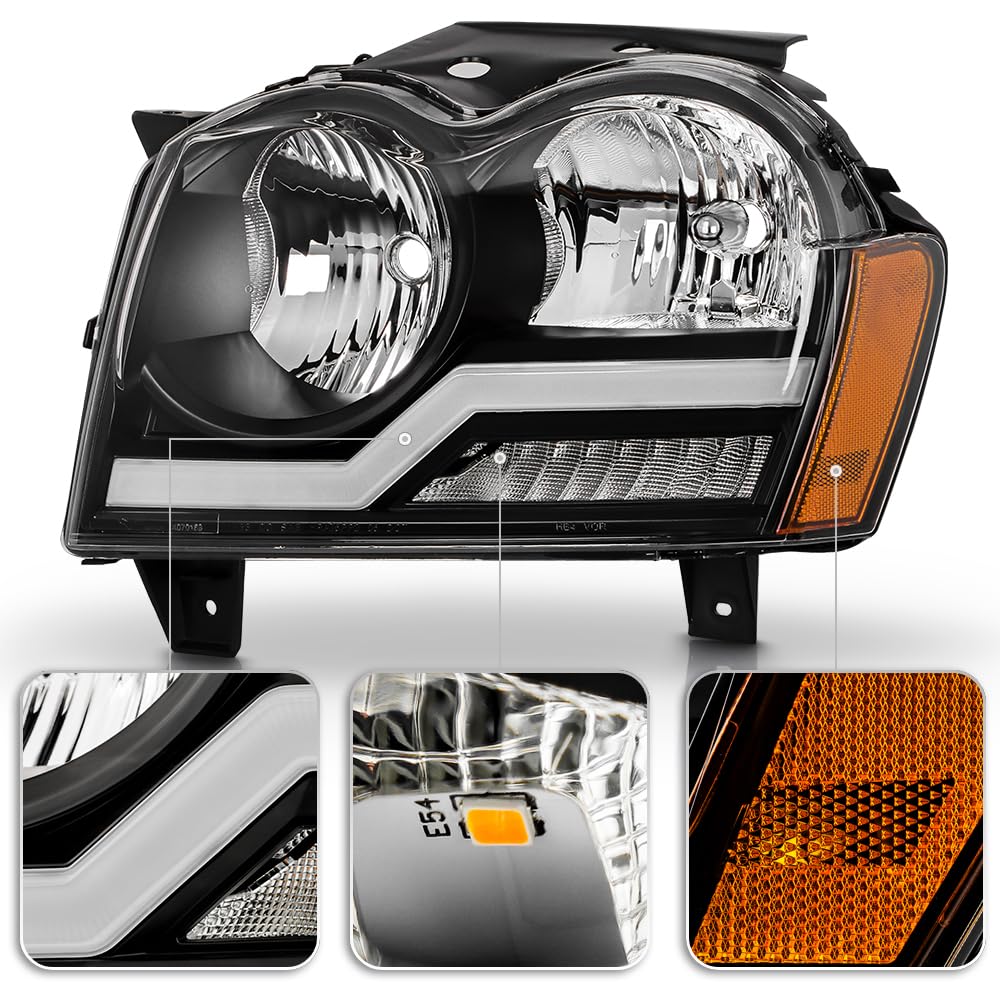 Black LED Tube Projector Headlights For 2005-2007 Jeep Grand Cherokee (Pair)