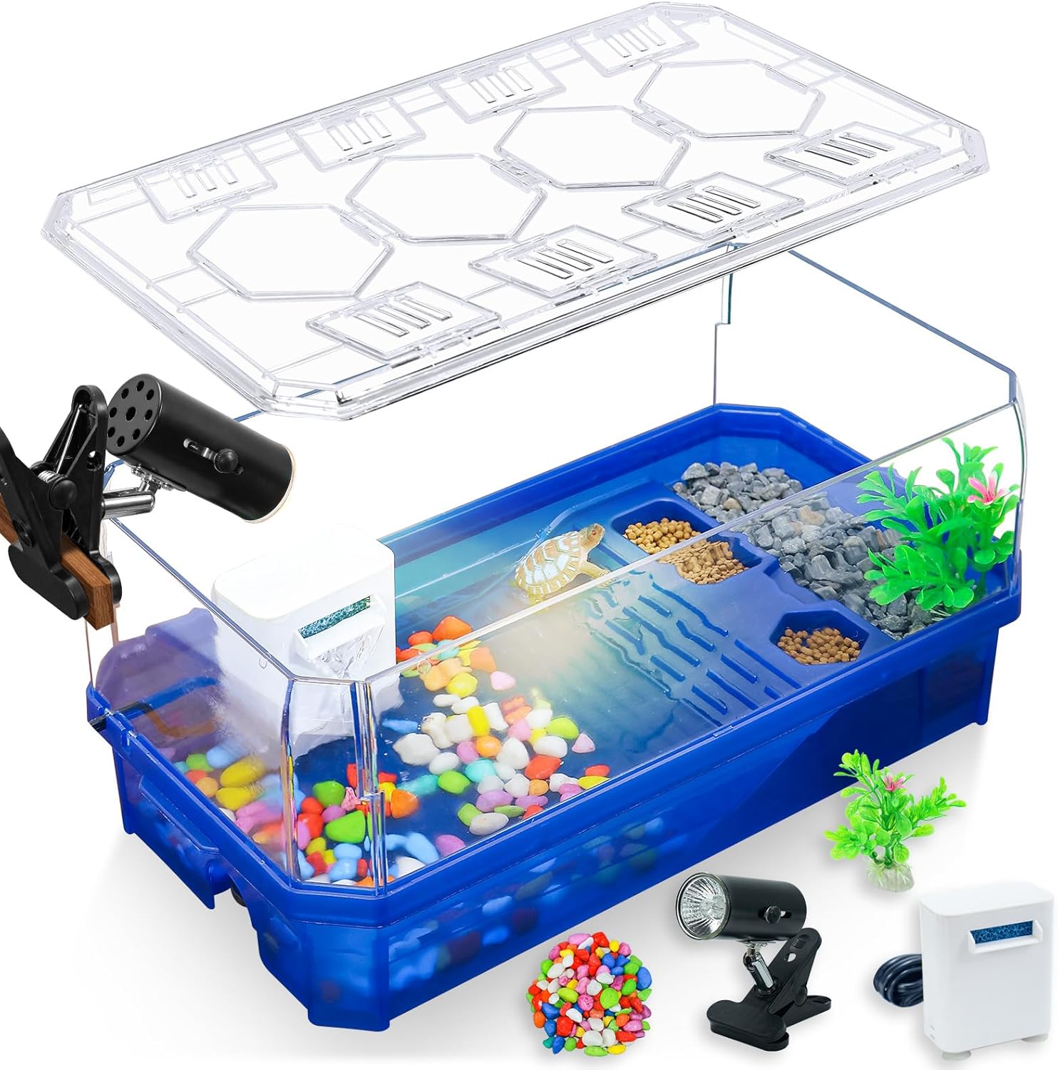 Aquatic Turtle Tank Habitat Kit Stone+Filter+Heat Lamp Enhancing Interaction with 360° Viewing, Standalone Filtration, DIY Creative Zone, Enriched Living (Blue, Medium[with Light])