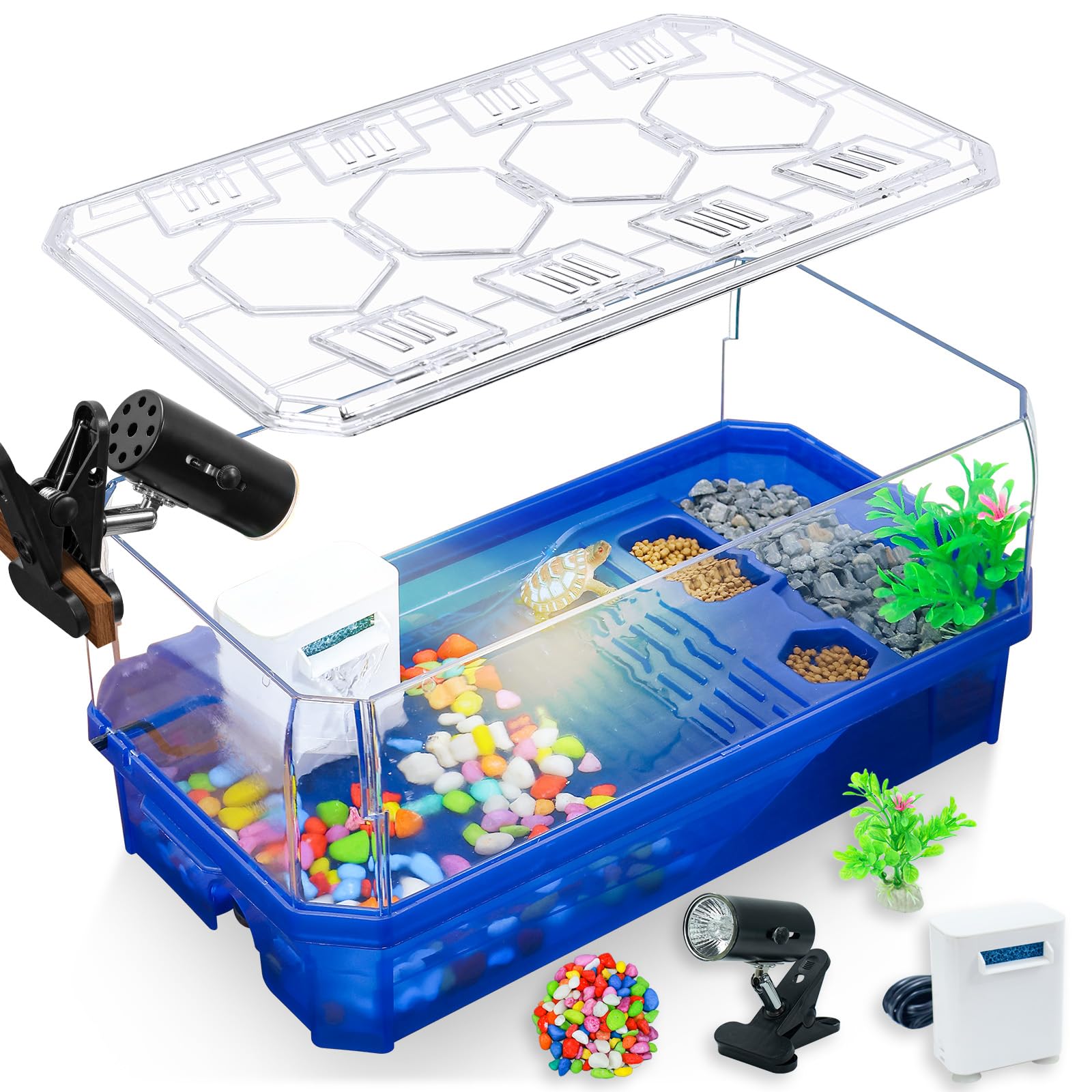 Aquatic Turtle Tank Habitat Kit Stone+Filter+Heat Lamp Enhancing Interaction with 360° Viewing, Standalone Filtration, DIY Creative Zone, Enriched Living (Blue, Medium[with Light])
