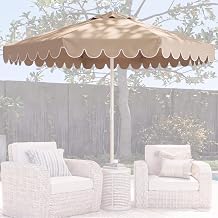 10 FT Scalloped Patio Umbrella Replacement Canopy Outdoor Boho Midcentury 8 Ribs Market Umbrella Top Cover UV Protection for Patio Beach, Canopy Only Khaki, White