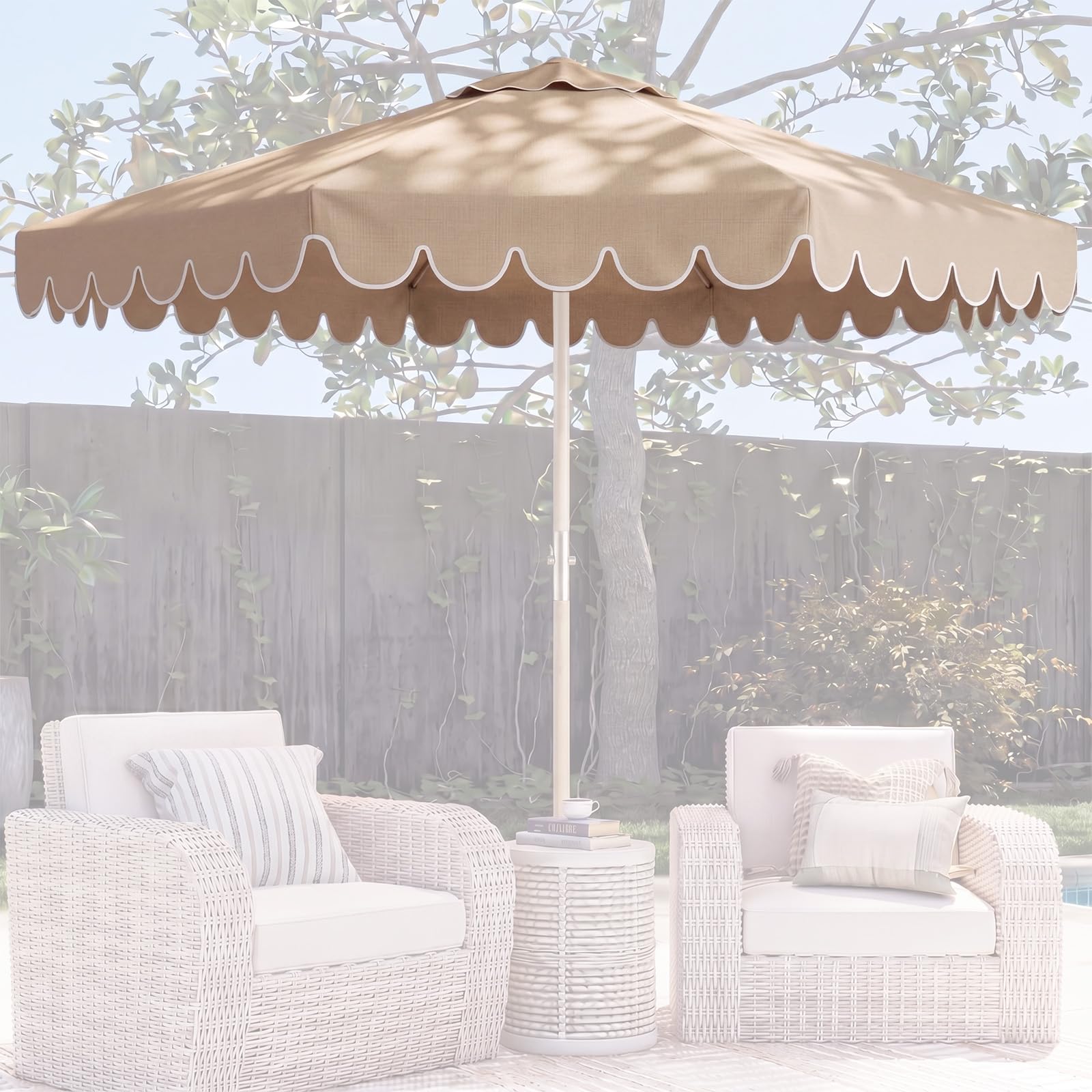 Photo 1 of Yoojahow 10 FT Scalloped Patio Umbrella Replacement Canopy Outdoor Boho Midcentury 8 Ribs Market Umbrella Top Cover UV Protection for Patio Beach, Canopy Only (Khaki, White)