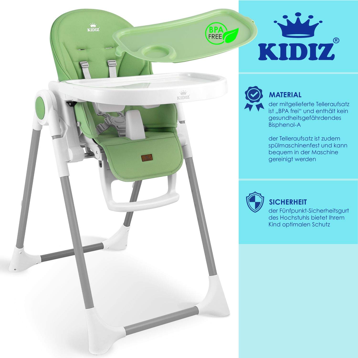 KIDIZ® 3 in 1 Seggiolone Seggiolone per bambini con barra dei giochi, Lettino per bambini, Seggiolone combinato Seggiolone per bambini, Schienale regolabile in 7 diverse altezze, verde
