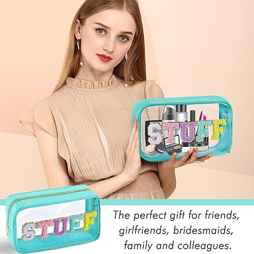 Miniatura 9 de Juego de 2 bolsas de maquillaje transparentes y preppy, grandes, pequeñas, de viaje, con letras de chenilla, bolsa de cosméticos de nailon y PVC,