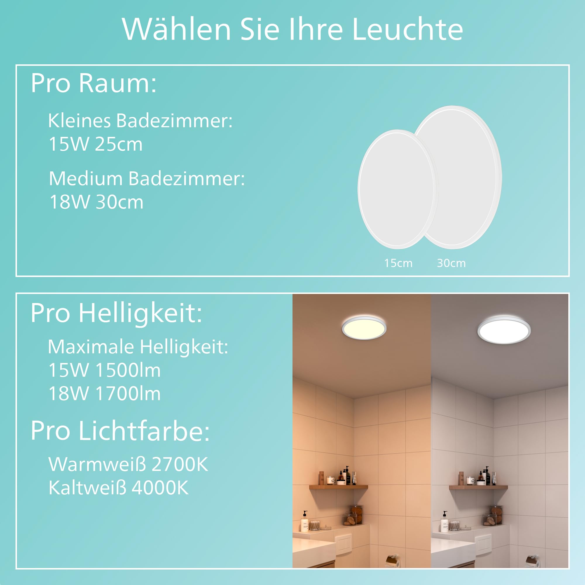 PHILIPS LED Badezimmer Deckenleuchte Superslim (18 W), 3 Lichteinstellungen, warmweißes Licht, dimmen ohne Dimmer, IP44 Schutz, weiß, 30cm