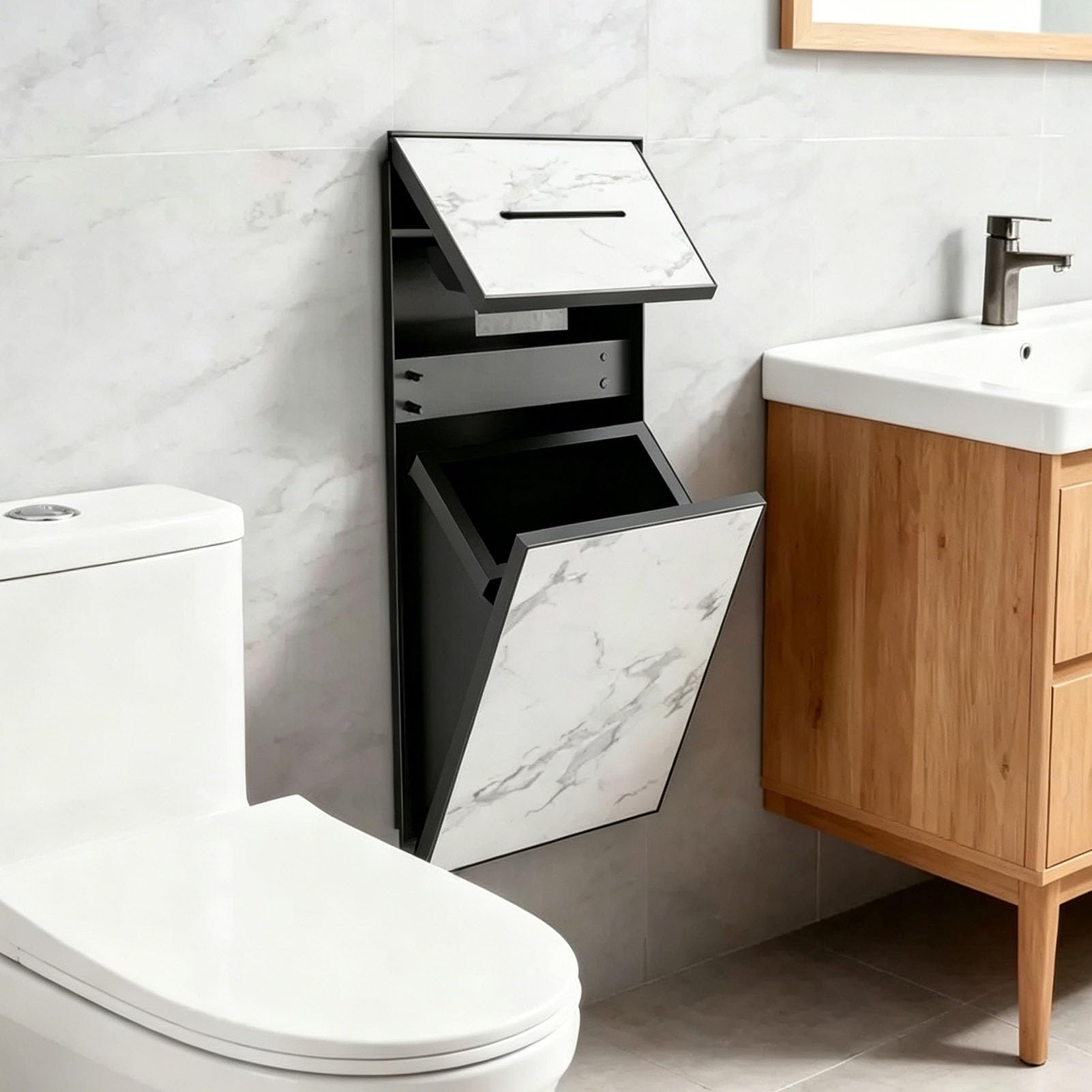 Tile Ready Recessed Toilet Paper Holder with Trash Can, Stainless Steel in Wall Niche for Toilet Roll/Tissue, Waterproof Hidden Niche Cabinet for Bathroom