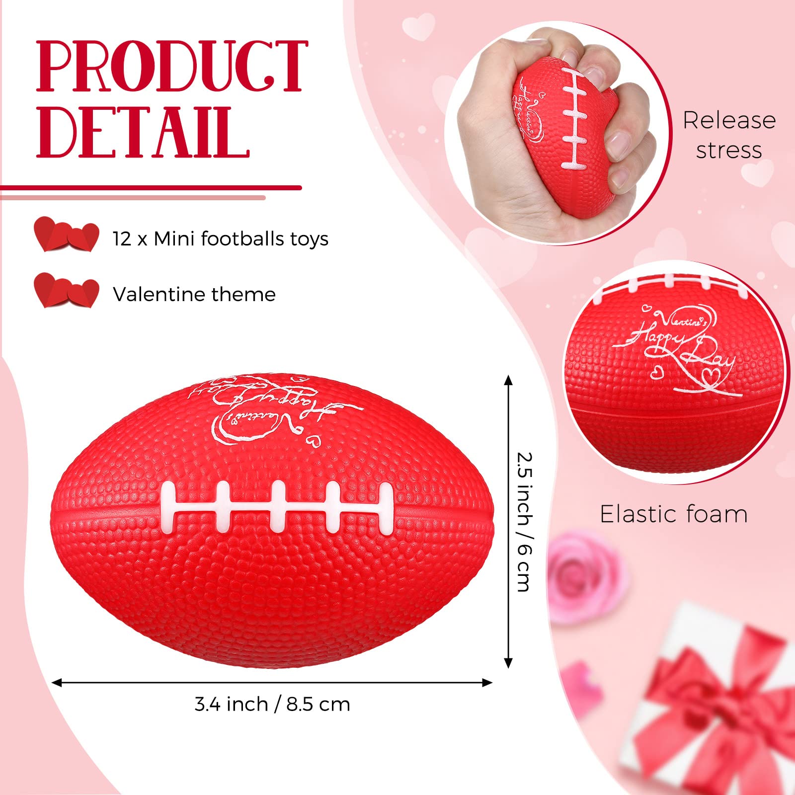 12-Pack Valentine Football Stress Balls - Mini Soccer Squeeze Toys For Party Favors
