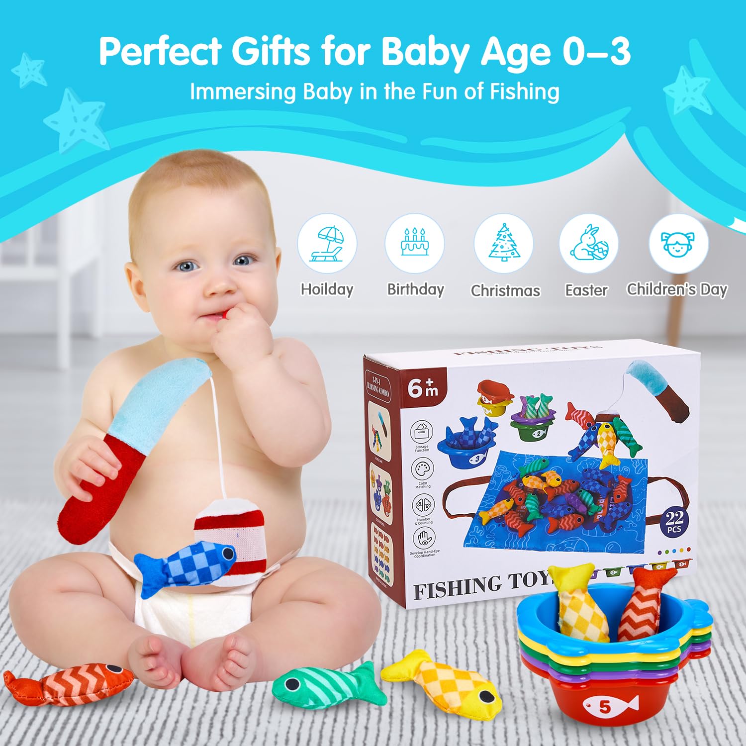Montessori - Juego de pesca para niños pequeños de 1 a 3 años, regalo de cumpleaños 10 en 1, juego de pesca de tela para niños pequeños de 1 año con tazas apilables, conteo de números 6