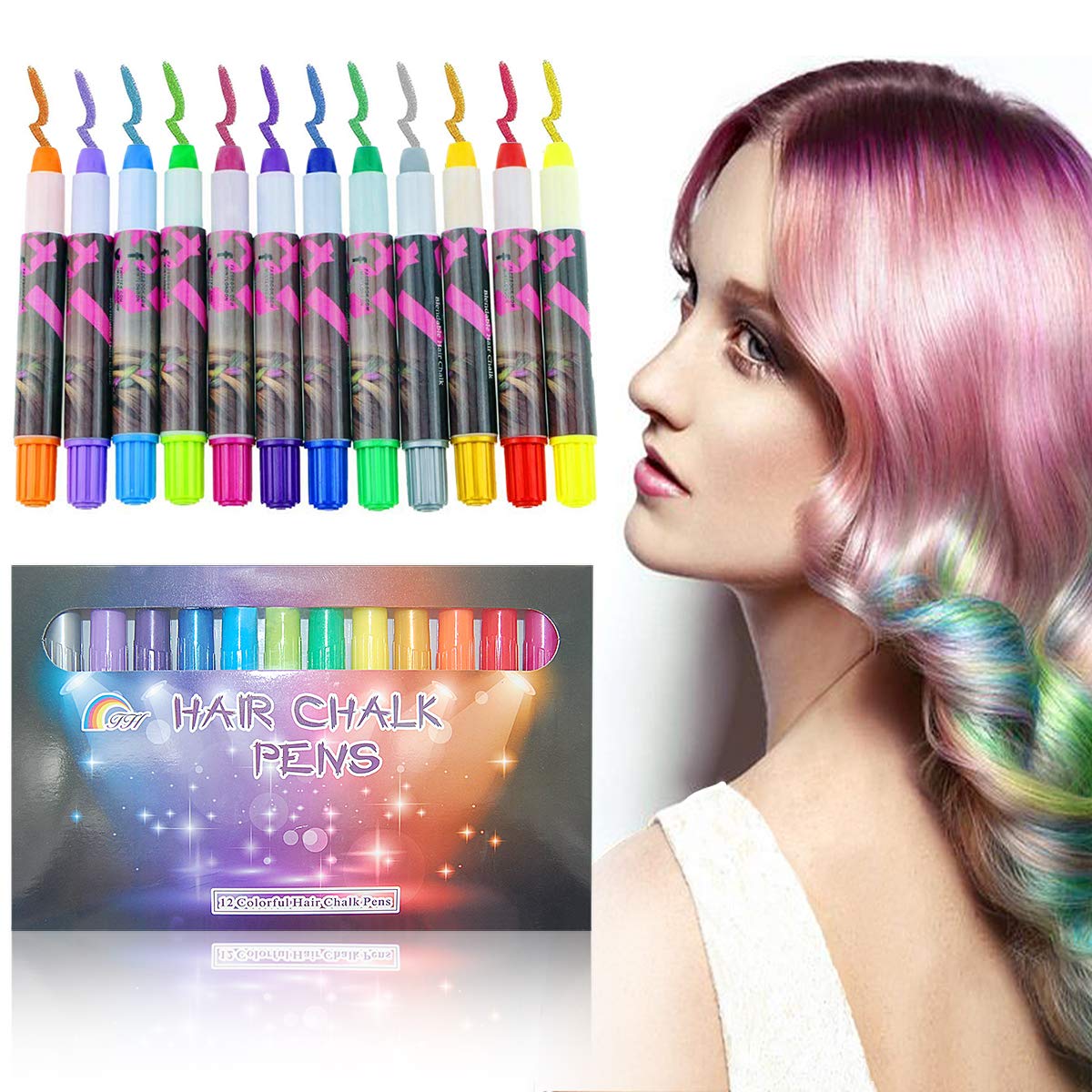 SUNTON 12 Color Temporary Hair Chalk Pens, Washable Hair Color Dye Face Kit Safe for