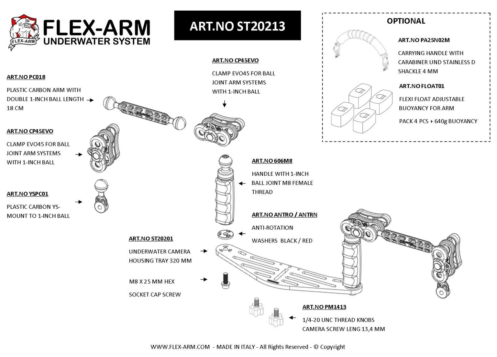 Soporte para fundas de fotografía subacuática, agarres con bolas y brazos de 18 cm y terminal Ys – Cámaras subacuáticas compactas FLEX-ARM ST20213