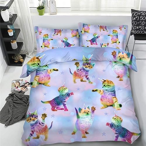 Miniatura 2 de RoyalLinens Juego de cama de 3 piezas con estampado de unicornio arcoíris y gatito para niños, tamaño individual, tamaño Queen King con 1 funda de