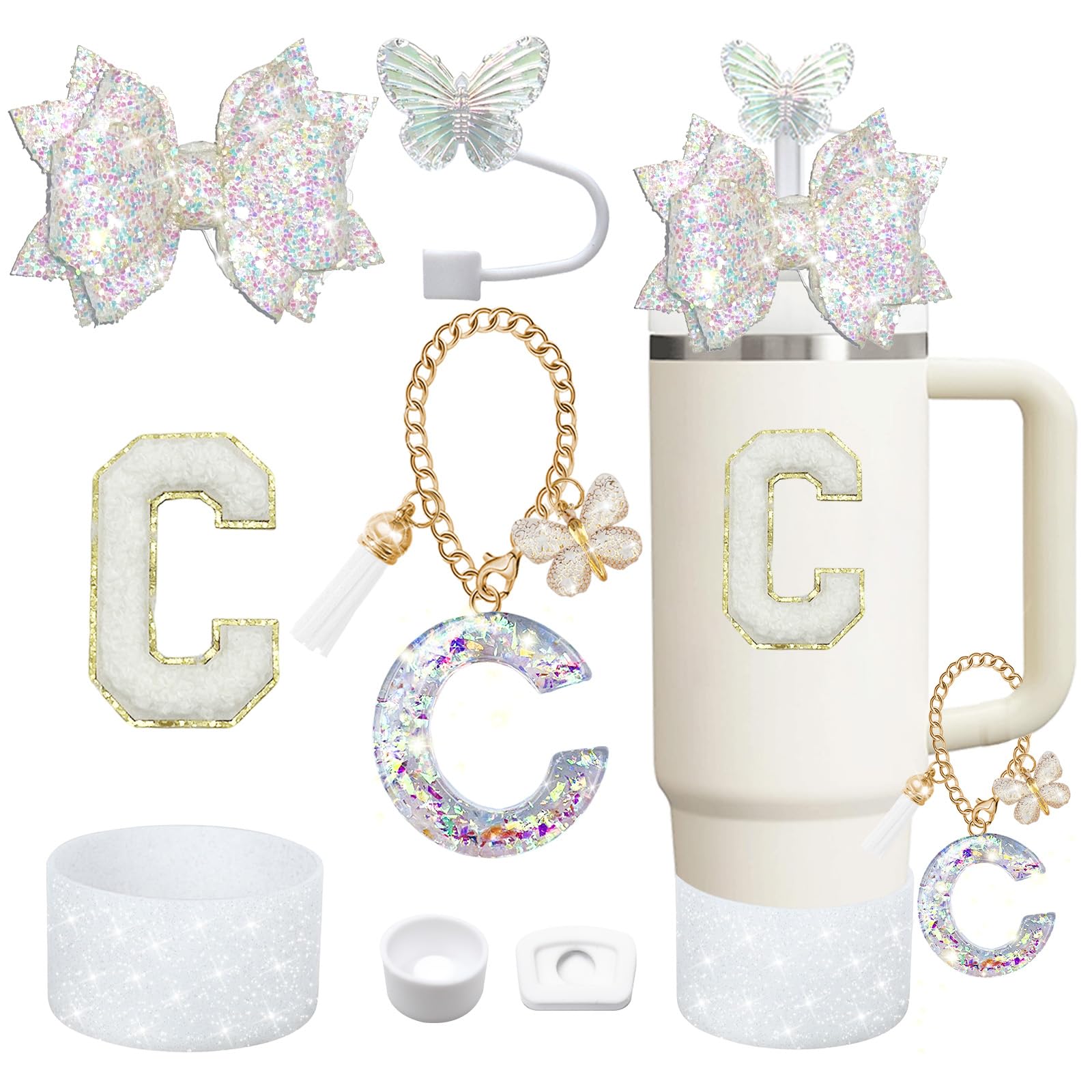 Liangang 7PCS White Cup Accessories Set For Stanley 30oz 40oz,Including Boot,Spill Proof Stopper,Butterfly Straw Cover,Sticker Letter,Letter Charms (