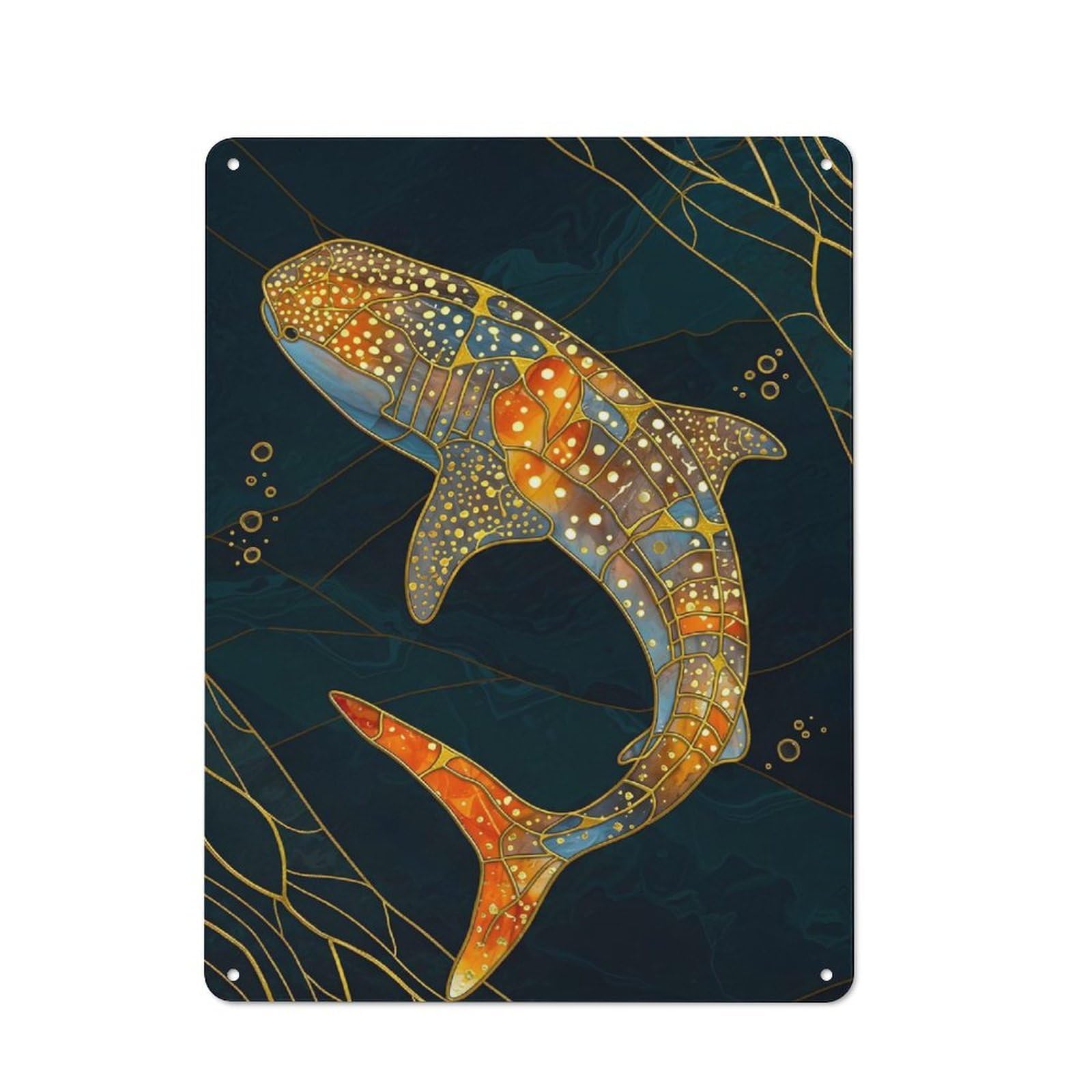Tin Sign with Whale Shark Kintsugi Art Design 40x30cm, Industrial Garage Wall Decor for Workshop, Basement, Shed Or Games Room