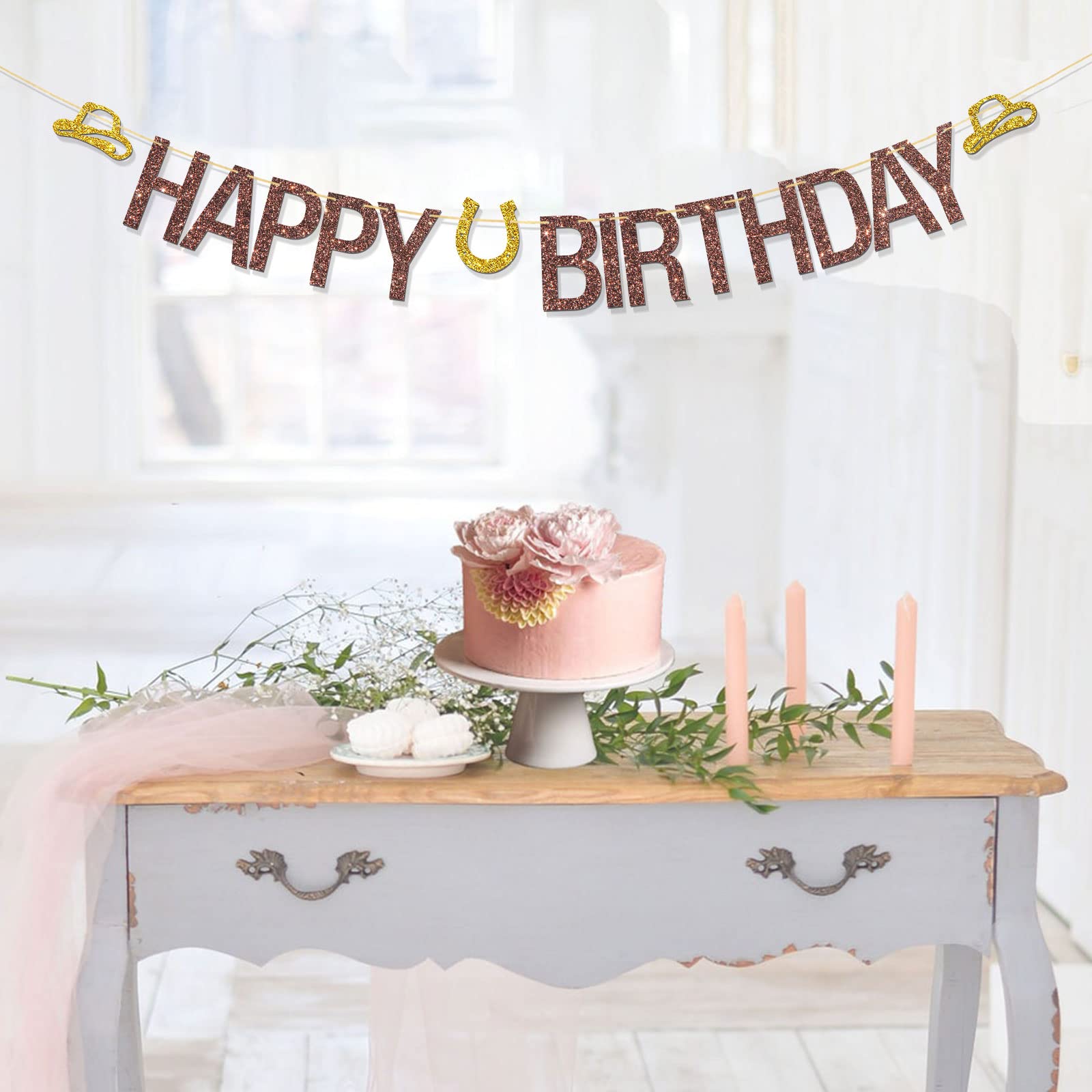 RoadSea Western Happy Birthday Banner – Mexikanische Fiesta Wimpelkette, Ca. 2,5 M, Braun Glitzernd