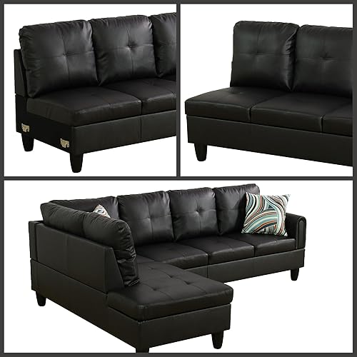 Miniatura 6 de Sofá modular en forma de L con diván, 3 piezas, sofá modular convertible para sala de estar y apartamento pequeño, piel sintética, color negro