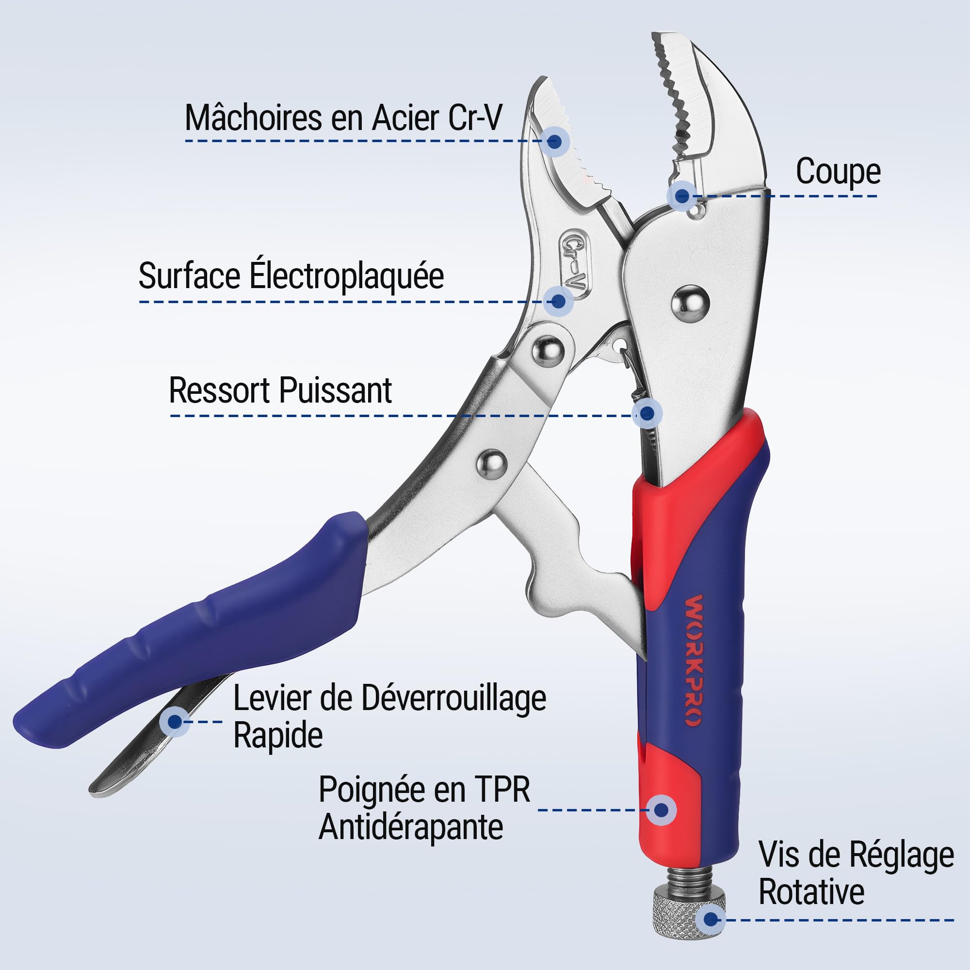 WORKPRO Jeu de 3 Pinces-Étaux Autobloquantes, Pince-Étau à Bec Long 165 mm et Pinces-Étaux à Mâchoires Courbes 180 mm et 255 mm, Cr-V, Déverrouillage Rapide, Poignées Bi-matière Antidérapantes