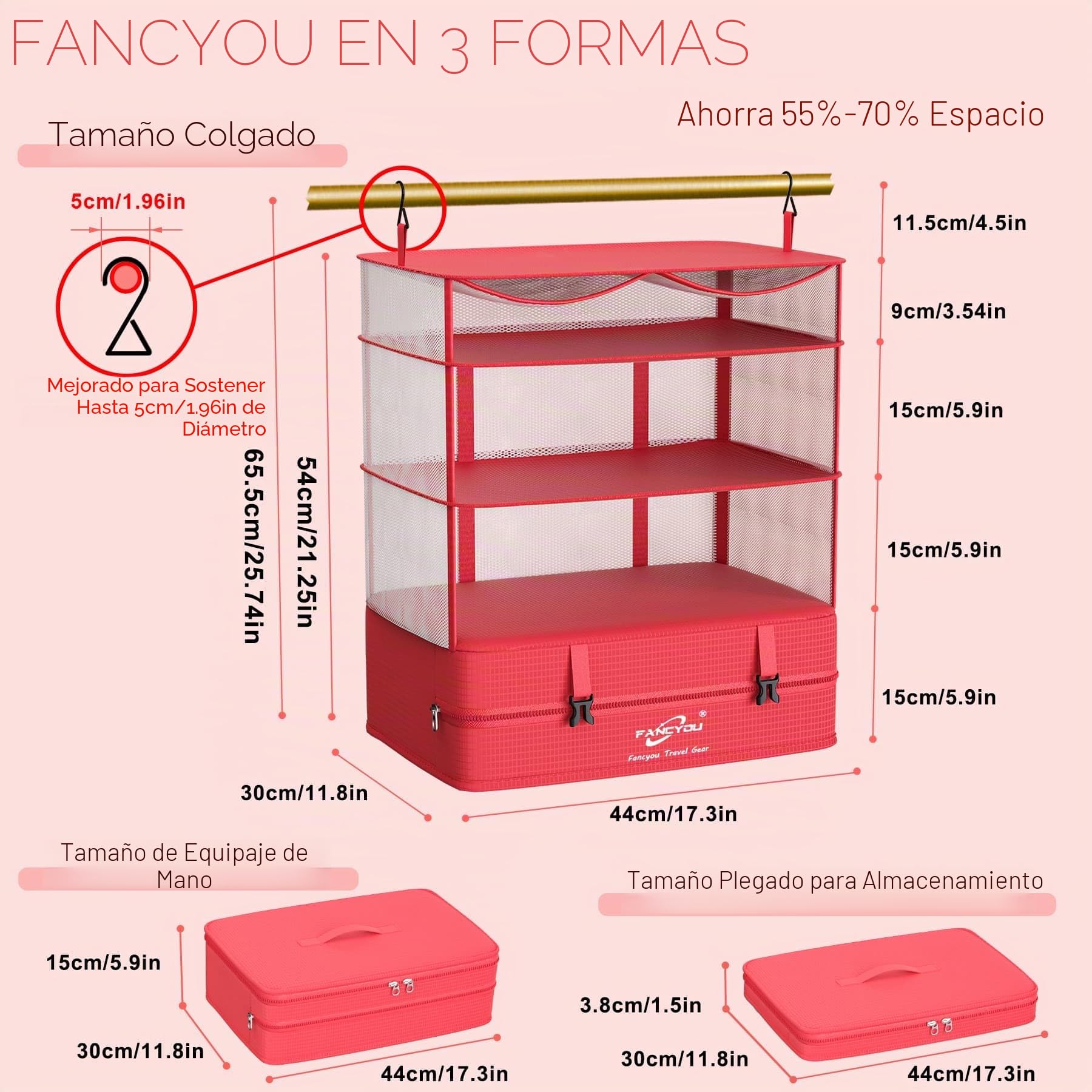 Cubos Colgantes para Organizar Maletas, Armario Portátil de Tela de Nylon Mejorada 44 * 30 * 65cm, Compresión para Embalar y Desembalar en un Solo Paso para Viajes de Negocios (Rojo)