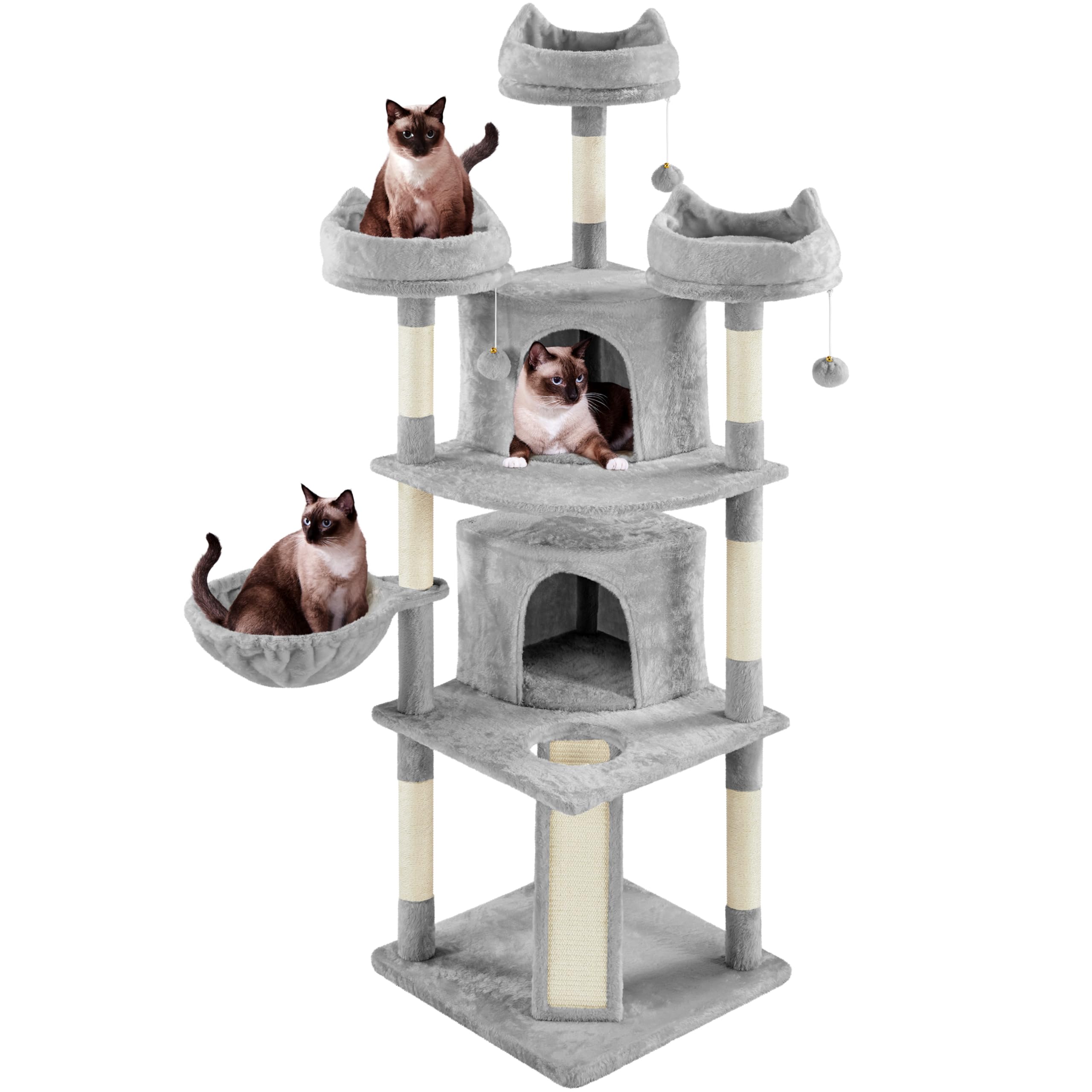 Yaheetech Árbol Rascador para 3-5 Gatos Adultos de Altura 175 cm Grande Torre para Gatos Mascota con 3 Plaraformas Gris Claro