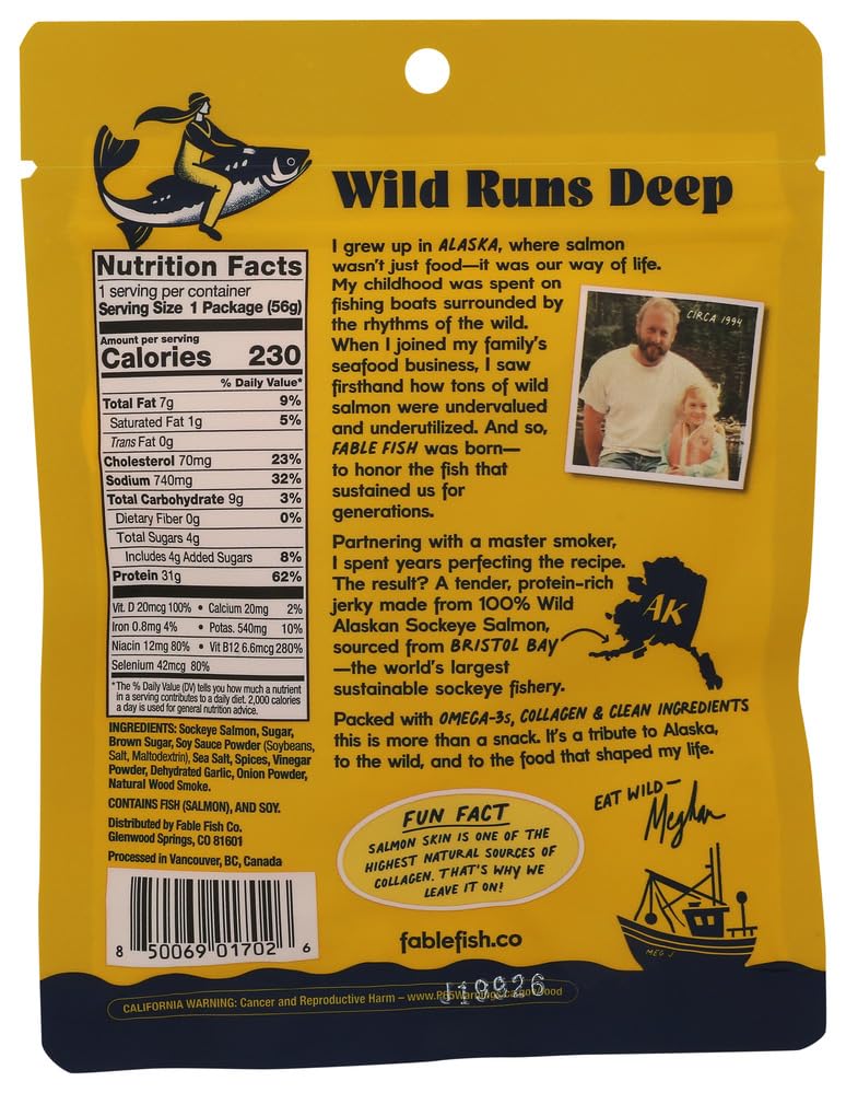 Fable Fish Wild Alaskan Salmon Jerky - Wild Caught Salmon with 31g of Protein - Tasty Fish Jerky with Omega-3s and Natural Source of Collagen - Made with Whole Muscle Sockeye - Teriyaki thumbnail 2