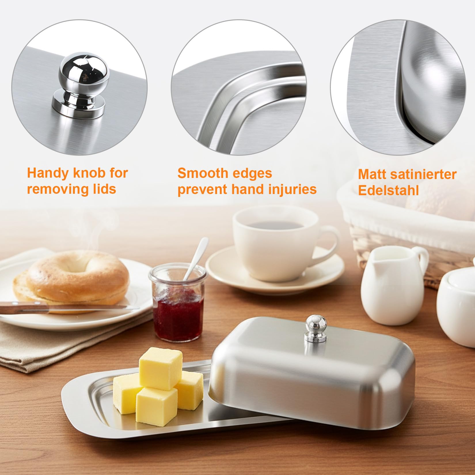 Xujinsongg Butterdose Edelstahl mit Deckel matt für 250g Butter | Margarine Butterbehälter, Dessertschale/Käsebrotbox,Spülmaschinenfest, Butterglocke für Küche, Frühstück, Kühlschrank