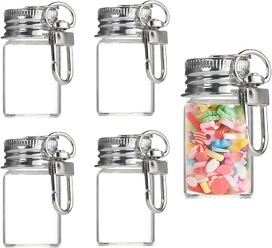 VASANA 5PCS 7ml /0.23oz Small Glass Bottles Aluminium Cap Ornament Wishing Bottles with Key Chain Clasp Crafts Gift Pendants DIY Glass Jars Miniature Message Bottle