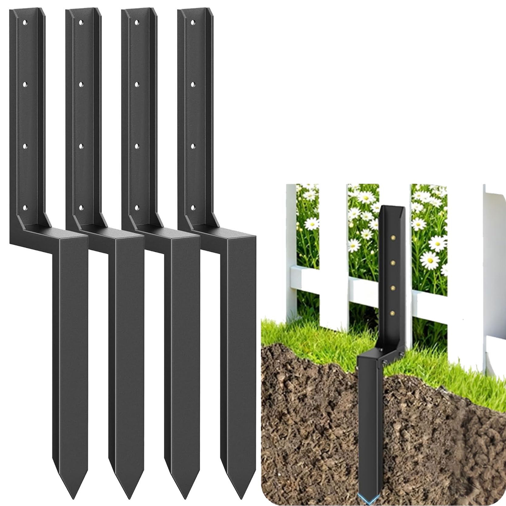 LQSYBHD One-Piece Molding Black Heavy Duty Steel Fence Post Repair Stakes with Ground Anchor Screw in Fix Anchors Ground Spike for Fence Posts,Repair Tilted Broken Wood Posts(Color:4pack)