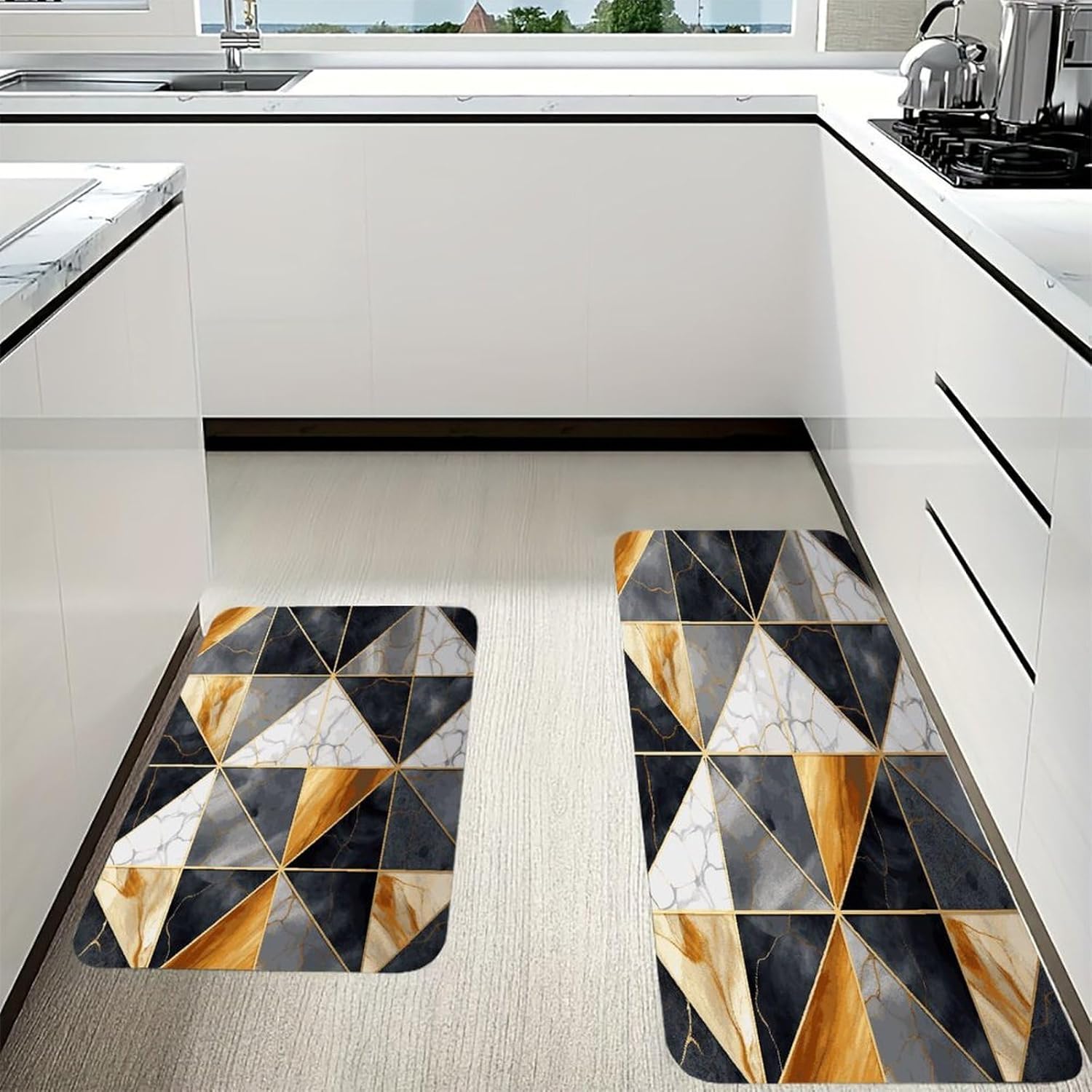 Geometric Marble1 Kitchen Mats with 2PCS Non-Slip Washable,Kitchen Rug Heavy Duty Durable, Floor Mats for Kitchen,Office,Sink,Laundry