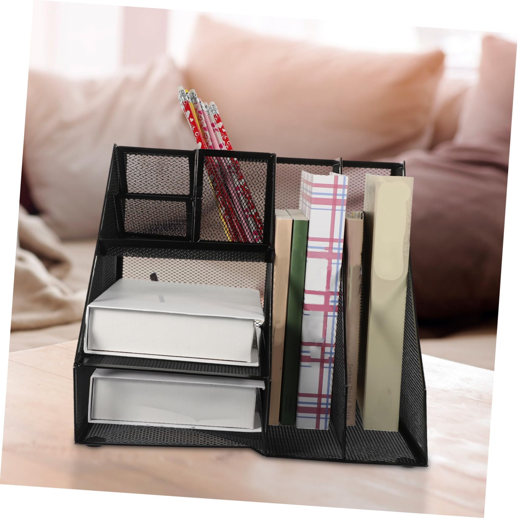 Sosoport Mesh Datei organizer aus Metall mit Zwei Fächern und Drei Links Platziertem Stiftehalter Robuster Büro aufbewahrung für Magazine Schwarzer Desktop Ablage für Büro und Schreibtisch