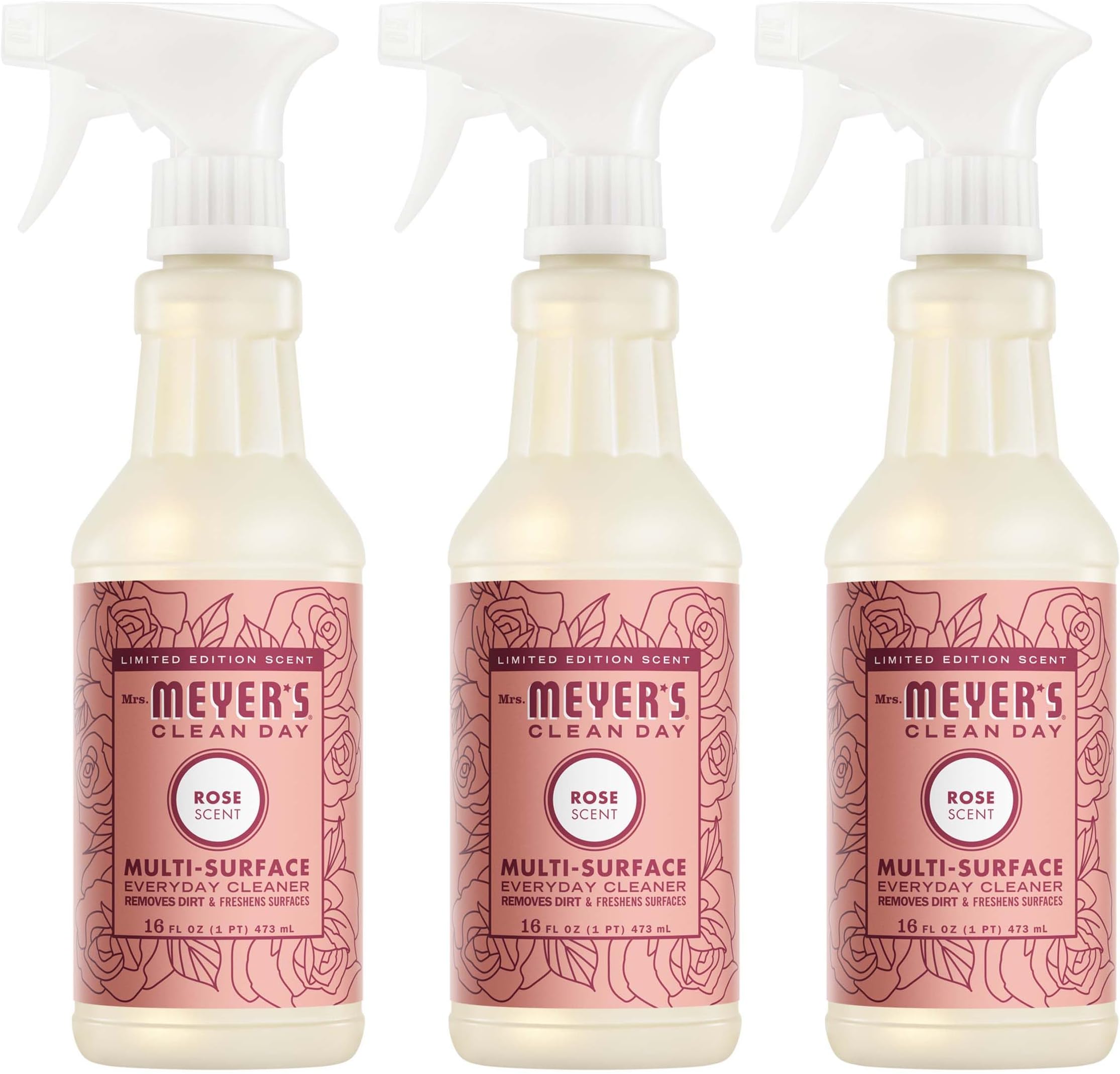MRS. MEYER'S CLEAN DAY Multi-Surface Everyday Cleaner, Rose Scent, 16 Fl Oz Bottle - 3 Pack