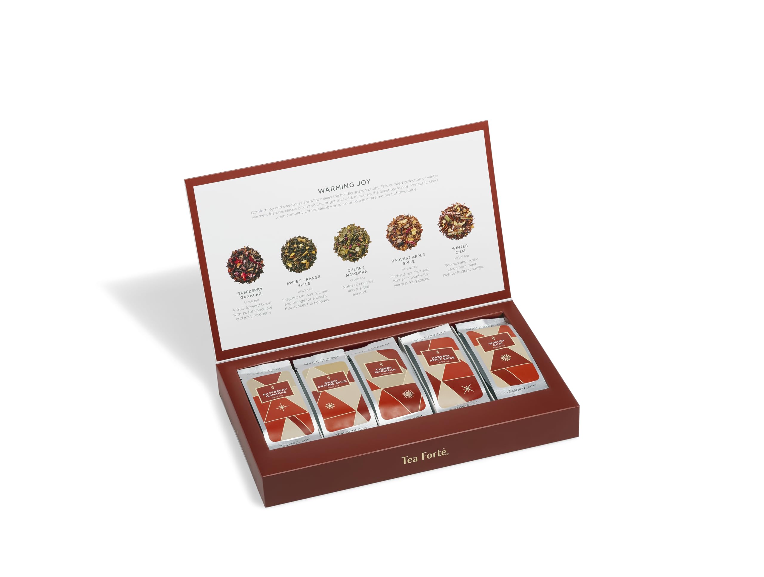 Tea Forte, Single Steeps Loose Leaf Warming Joy Chest Tea Sampler, Assorted Variety Tea Box, Monodose, 15 pezzi