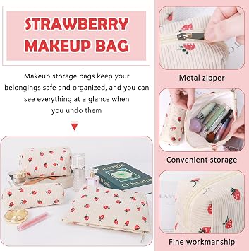 Makeup Bag Cosmetic Bag Set for Girls Women Checkered Travel Organizer Bathroom Toiletry Pouch Large Capacity Storage Bag, Strawberry Beige