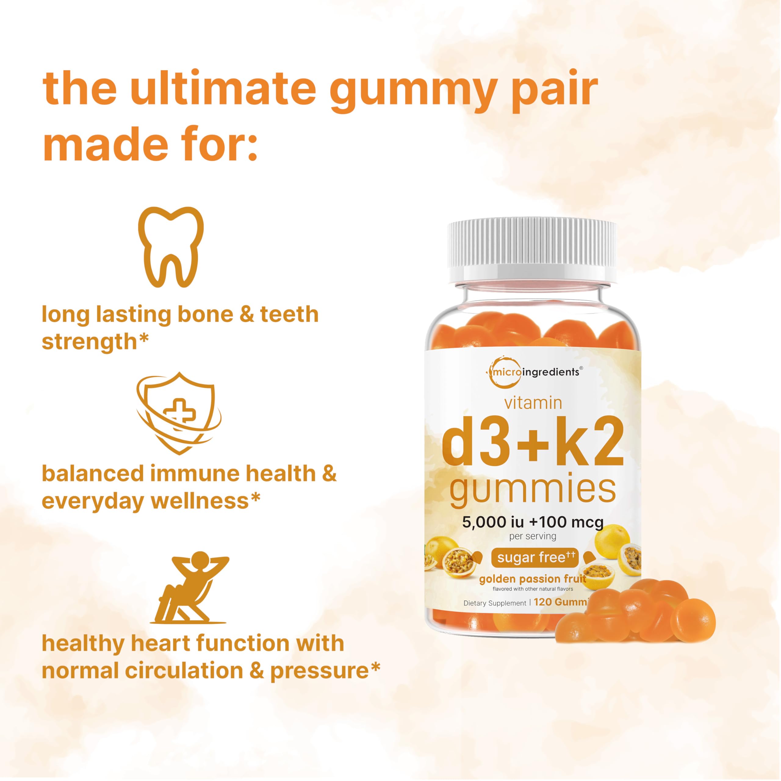 Micro Ingredients Vitamin D3 K2 Gummies, 120 Count | 5,000 IU Vitamin D + 100 mcg K2 MK-7 | Bone, Immune & Heart Health Supplements* | Sugar Free Golden Passion Fruit Flavor | Non-GMO, Gluten Free — Amazon image 3
