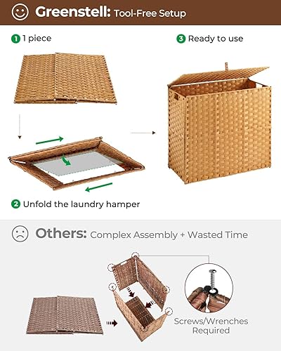 Miniatura 5 de Greenstell Cesto para ropa sucia con tapa, no necesita instalación, cestas de mimbre de 130 litros plegables, 2 bolsas extraíbles, cesta de ropa de