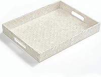 Handmade Capiz Shell Rectangular Serving Tray 15.8x11.8in with Handles - White Boho Coastal Decor for Coffee Table, Ottoman, Vanity