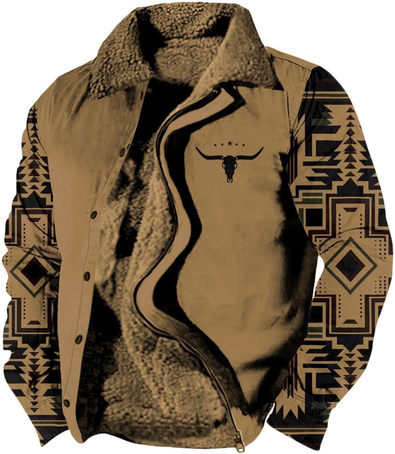 Country Vintage Western Cowboy Aztec Print Graphic Jacket for Men Autumn/Winter Lapel Fleece Zipper Jacket