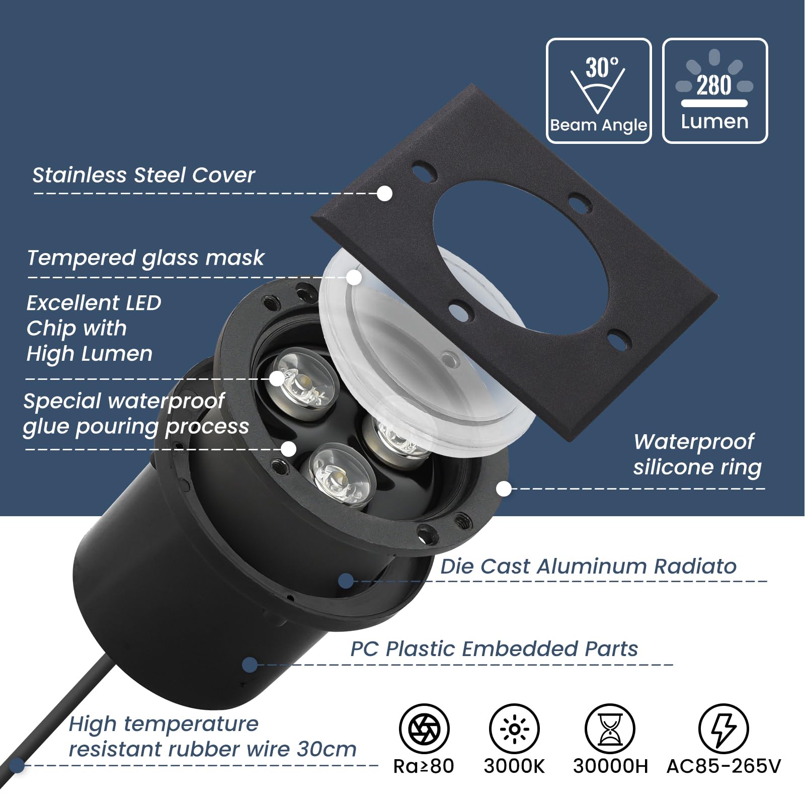 Faretti Incasso Esterni 4Pack 3W 270 Lumen Faretto Led da Incasso 230V AC IP65 Faretti Led Esterno LED Faretto Calpestabile, Bianco Caldo Segnapasso Led esterno, 3000K Quadrato Nero