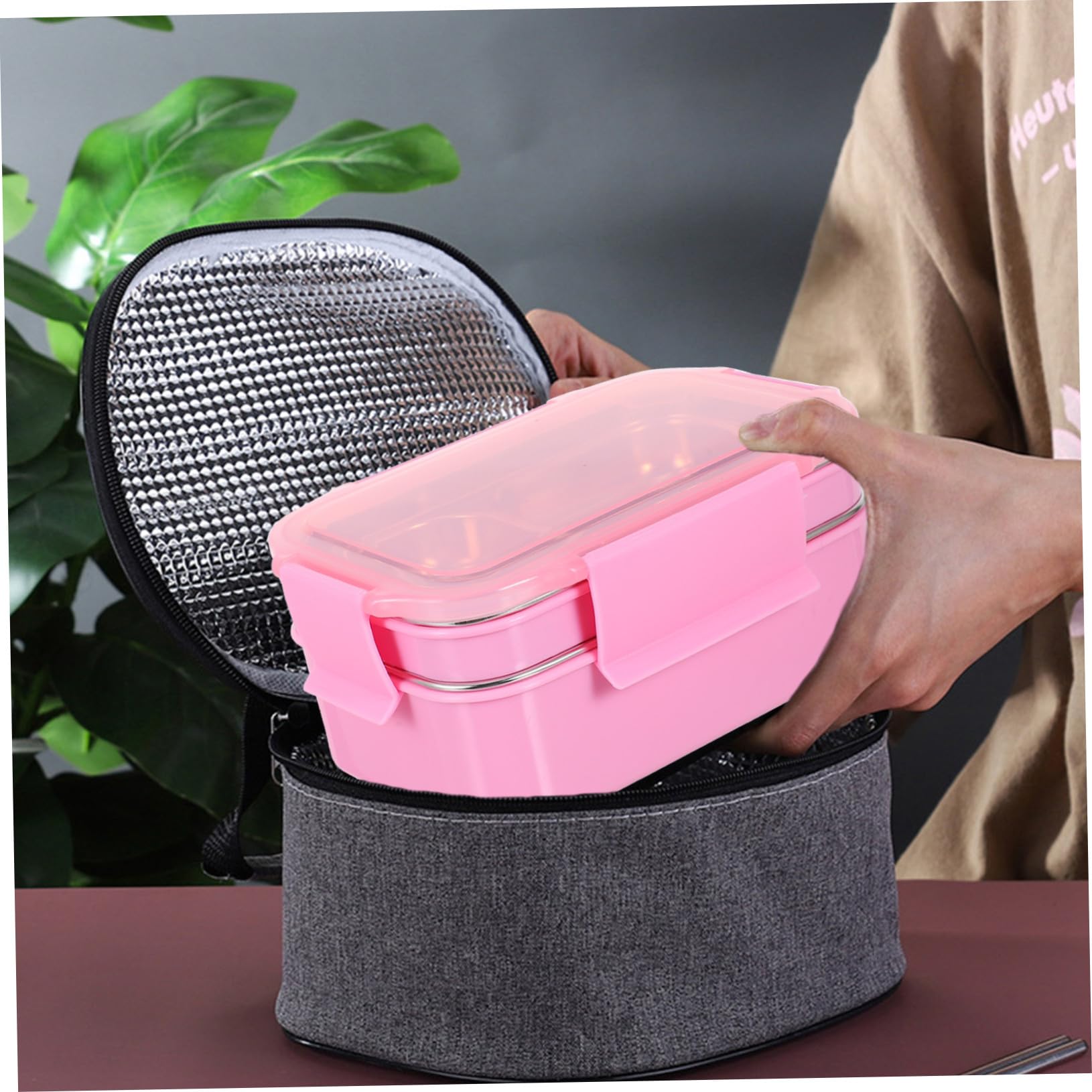 Fiambrera Bento de Acero Inoxidable Doble con Cubiertos y Bolsa Térmica Rosa para Estudiantes y Oficina Resistente al Calor y Portátil para Almuerzos Diarias