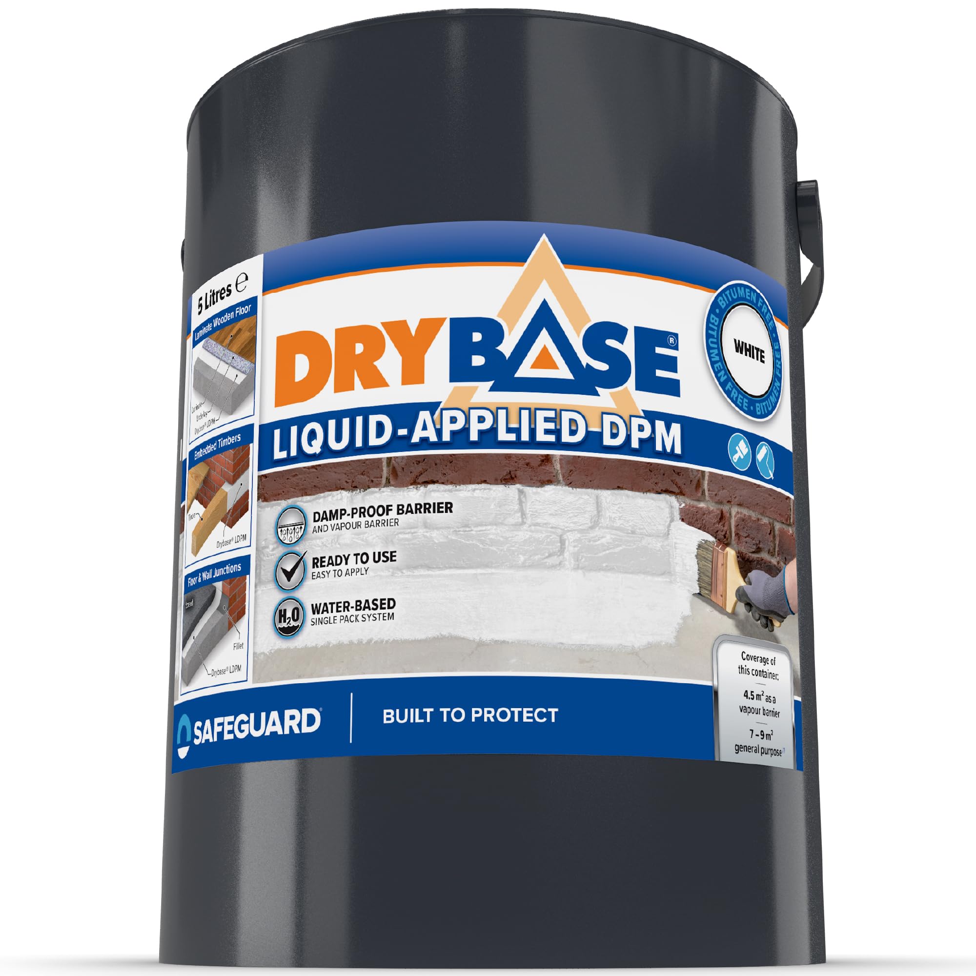 Drybase Liquid Damp Proof Membrane (5 Litre, White) - Damp Proof Paint | Gas & Radon Barrier | Quick Drying | Flexible Waterproof Coating for Internal Walls & Floors