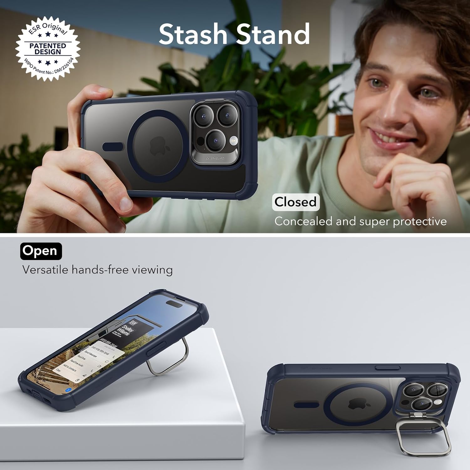 ESR for iPhone 15 Pro Max Case with Stand, Compatible with MagSafe, Full-Body Military-Grade Drop Proof Case with Built-in 9H+ Tempered Glass Screen Protector, Armor Series, Clear Dark Blue
