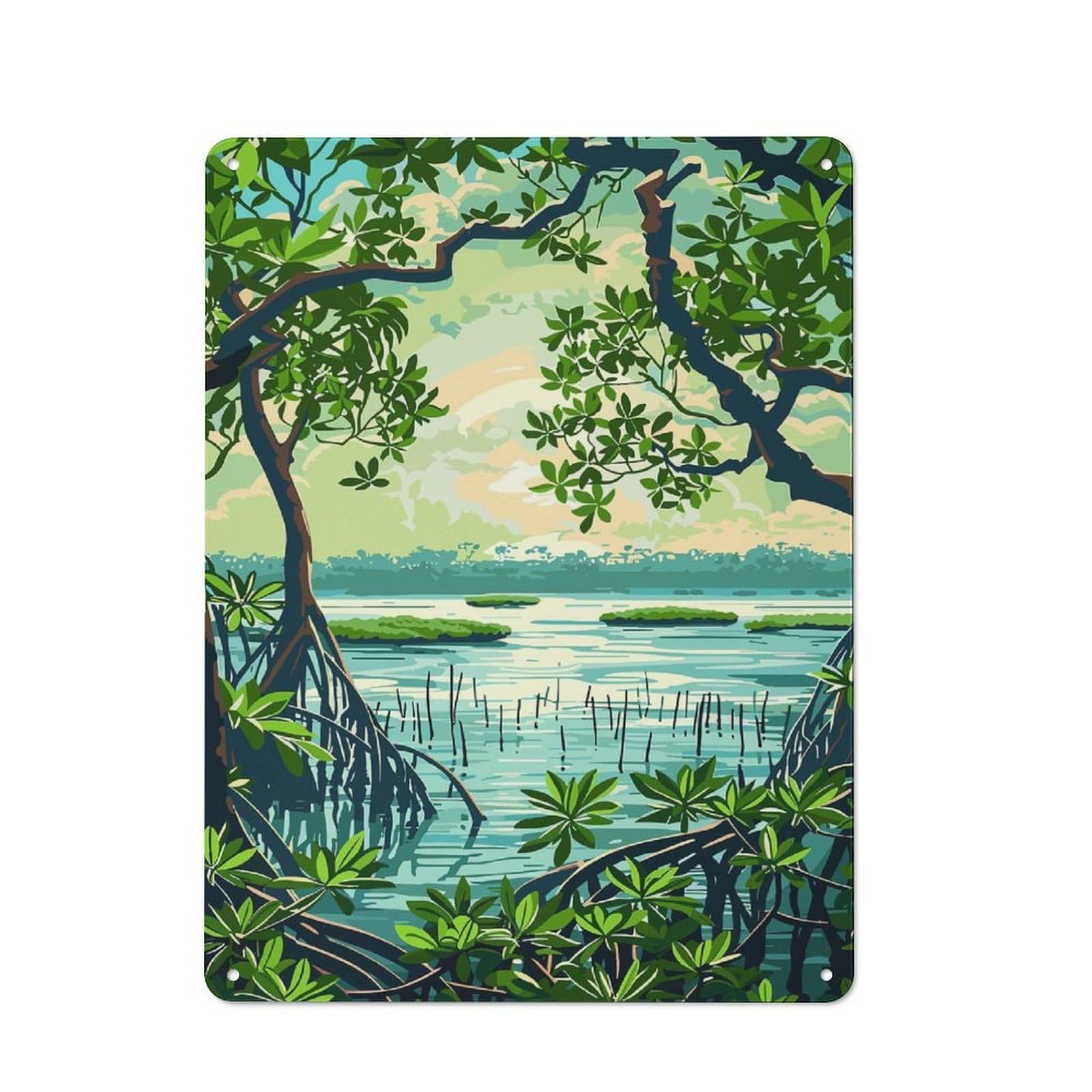 Junmoney Style-21 Mangrove Forest Landscape Illustration Decorative Tin Plaque 40X30cm, Decorative Novelty Wall Art For Hallway, Home Bar, Garage Or Study