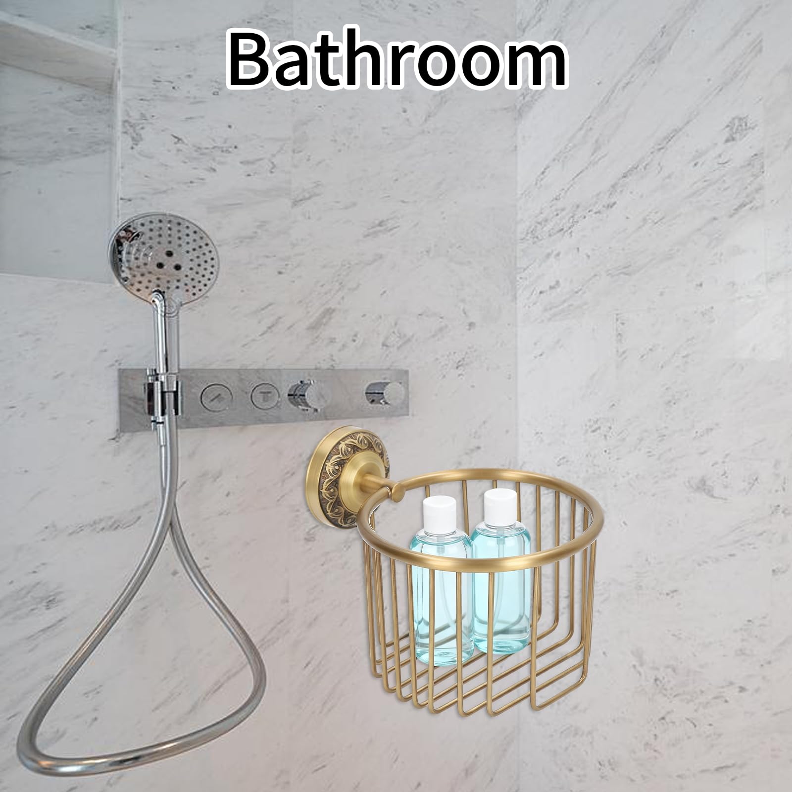 Vintage Toilet Paper Basket, Antique Brass Wall Mounted Tissue Paper Holder with Stable Metal Stand, Bathroom Decor, for Plant, Flowerpot and Roll — Amazon image 2