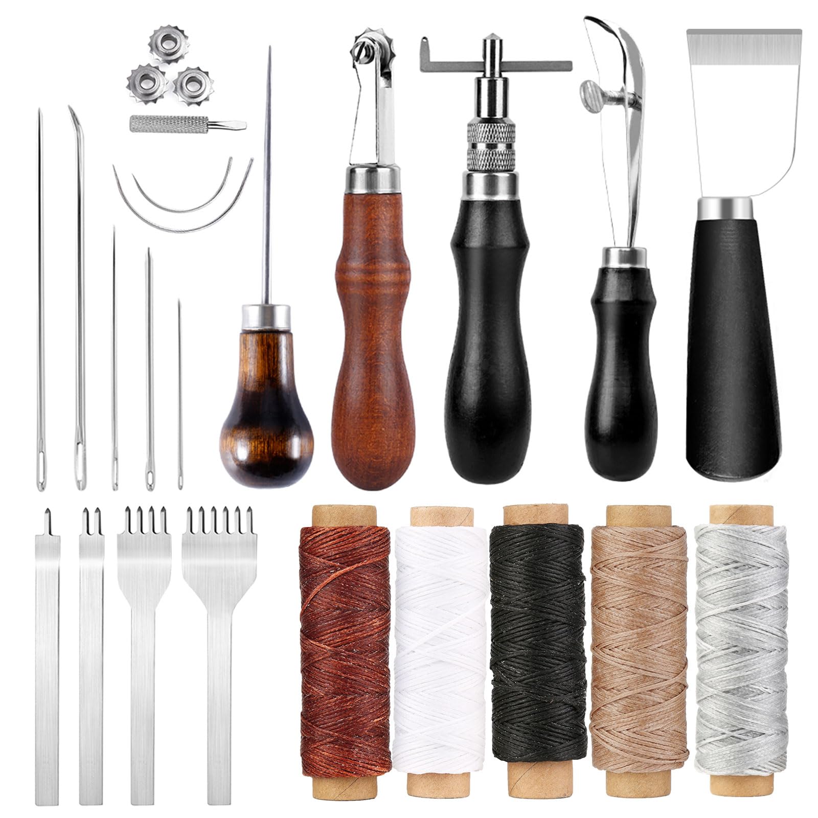 11 Pezzi Kit Cucito Pelle Professionale - 5 Rulli Filo Cerato 55 Yard (150D) + Aghi Curvi E Dritti + Lesina - Attrezzi Fai Da Te