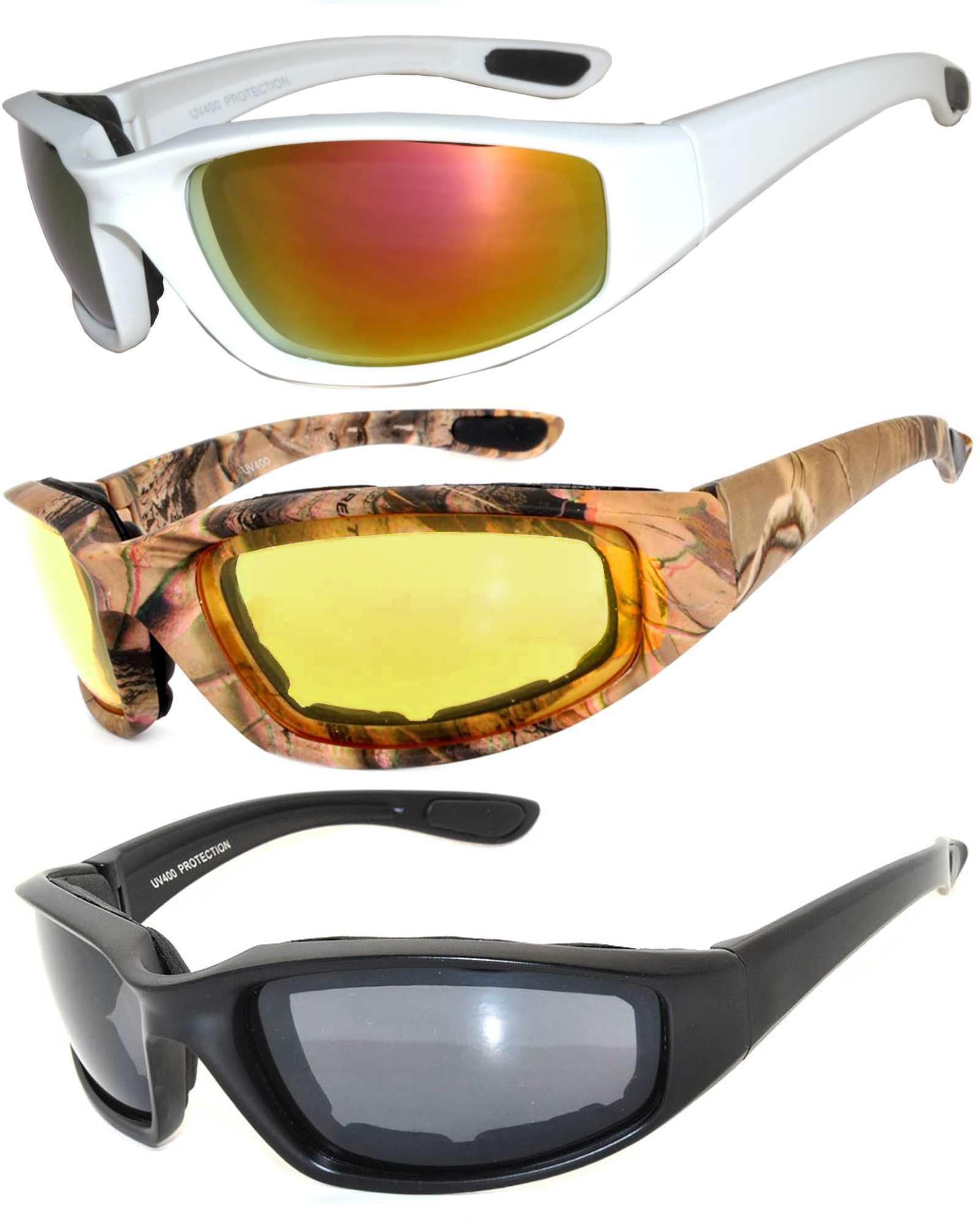OWL Motorcycle Riding Sport Sunglasses Assorted Color Multipacks, Unisex Foam Padded Wind Blocking Glasses UV400 Protection