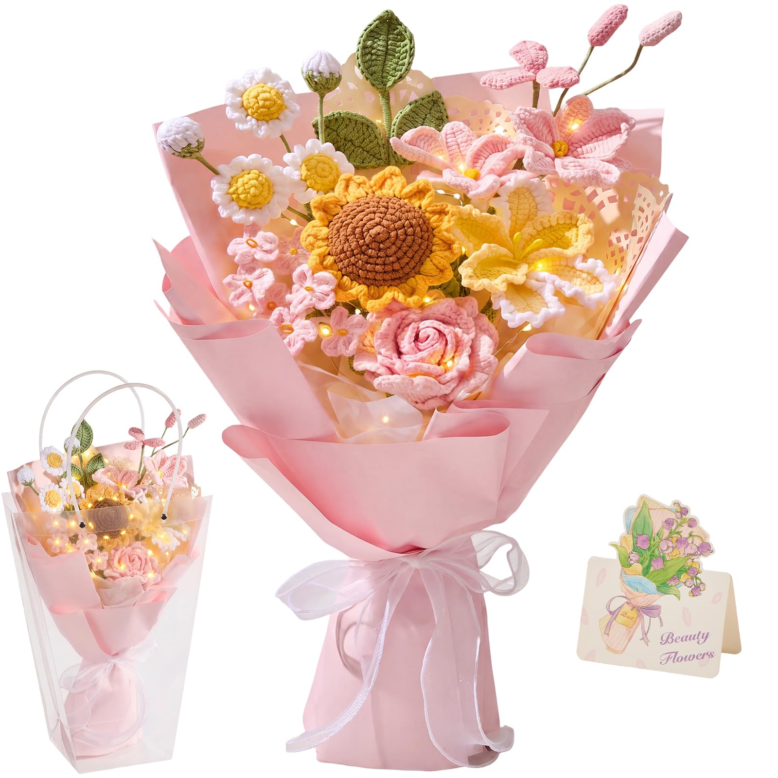 Alecono Bouquet de fleurs au crochet, roses et jaunes tricotées à la main, bouquet de roses pour la fête des mères, anniversaire, remise de diplôme, Saint-Valentin (avec carte)