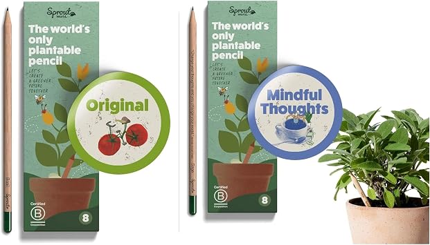 Sprout World Plantable Pencils | Bundle Original + Mindful Thoughts | 16 HB Pencils with Flower, Herb & Vegetable Seeds | Stay Grounded & Grow Change | Eco-Friendly Gift | FSC Certified Wood