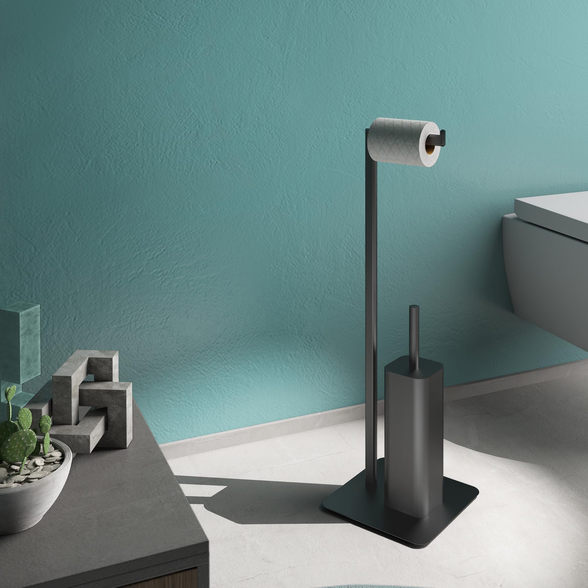 Gedy Felix Escobillero y portarrollos para baño, Negro Mate, Acero INOX Metal y resinas termoplásticas, 20 x 20 x 69,8